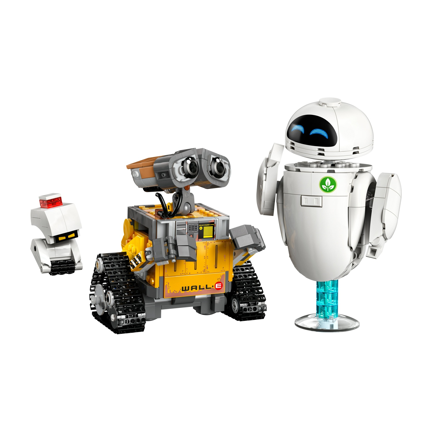Tre figure di robot: WALL-E, EVE e un piccolo robot bianco.