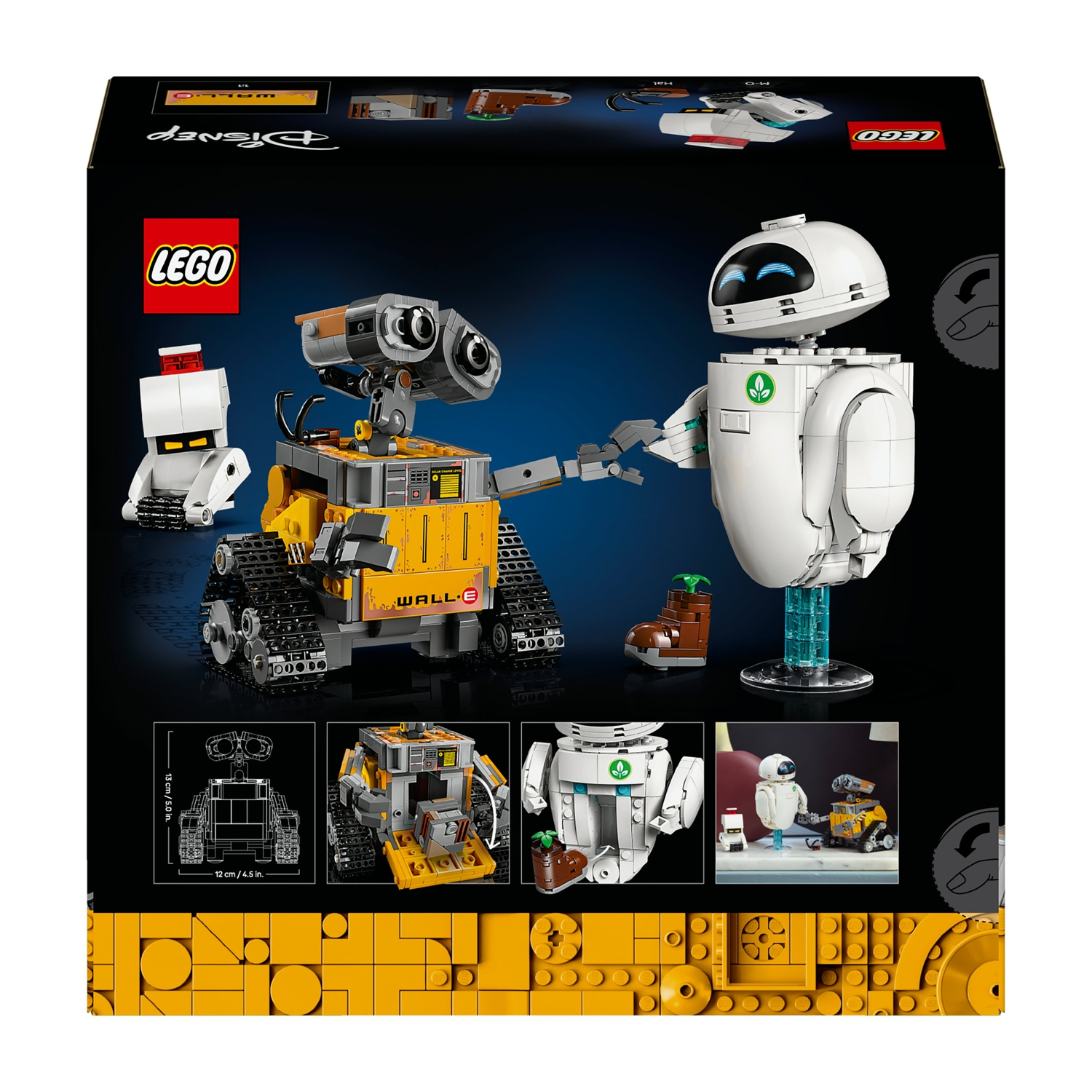 Modelli LEGO di WALL-E, EVE e M-O uno accanto all'altro su sfondo nero.