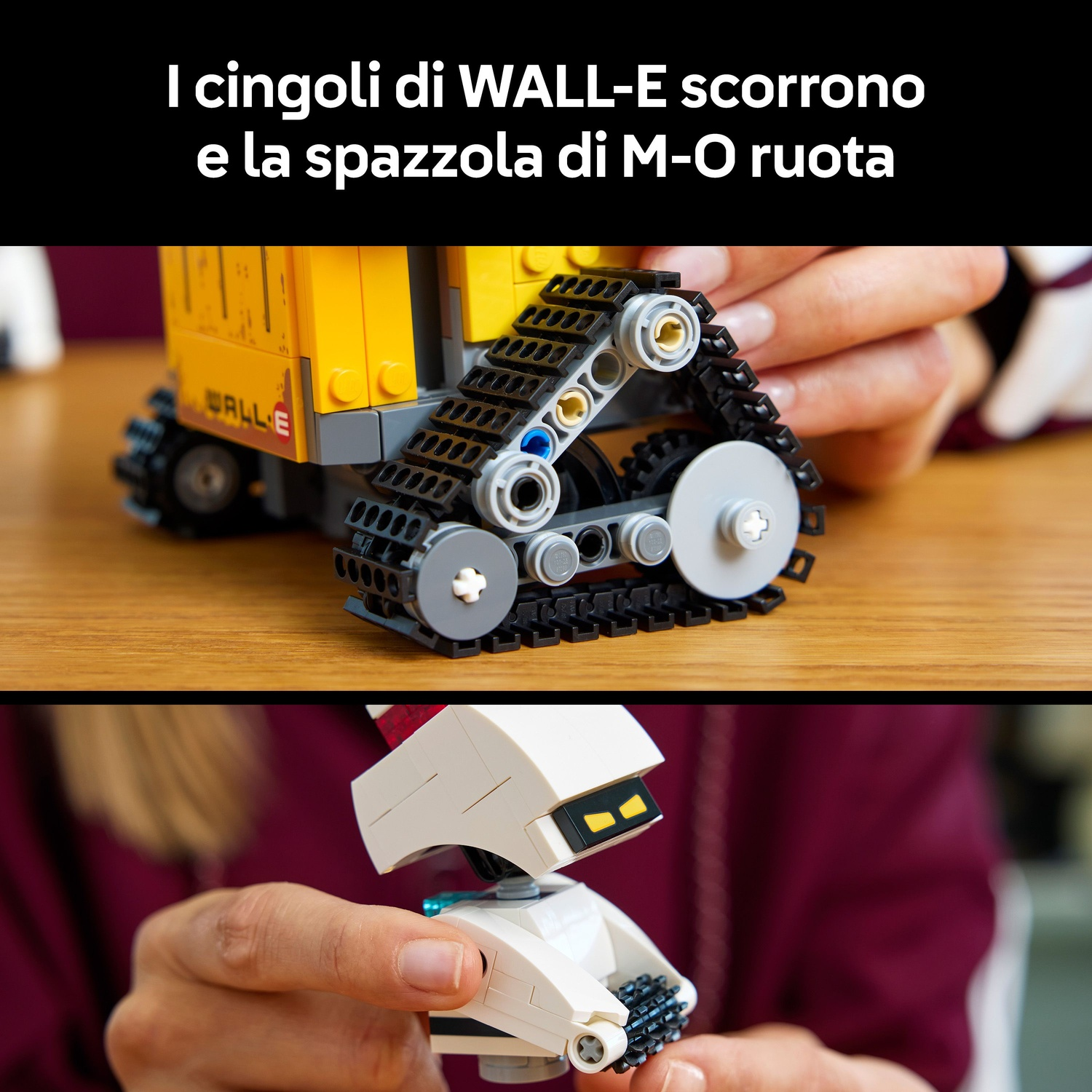Modelli LEGO di WALL-E e M-O tenuti da mani.