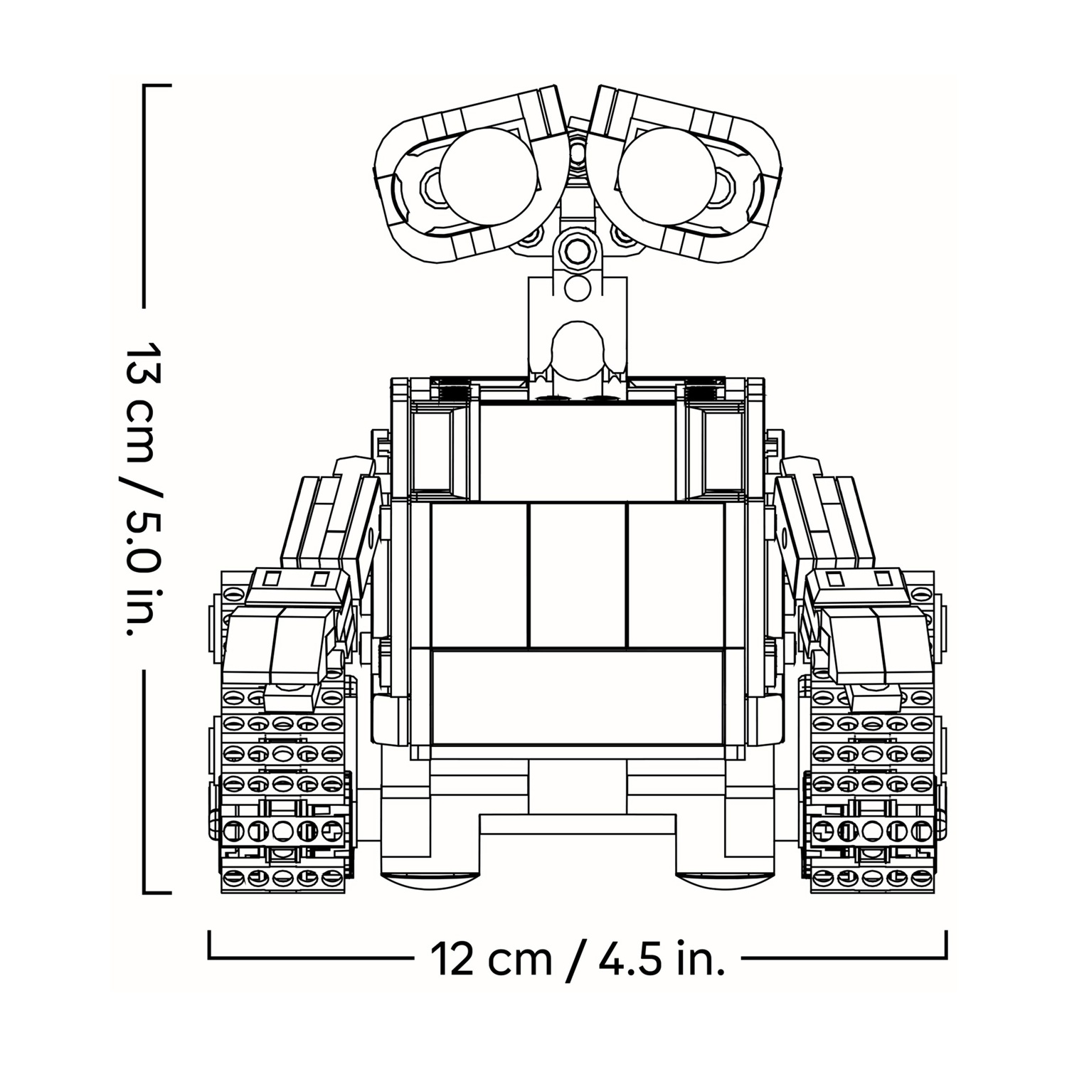 Disegno tecnico di un robot con dimensioni 13 cm di altezza e 12 cm di larghezza.