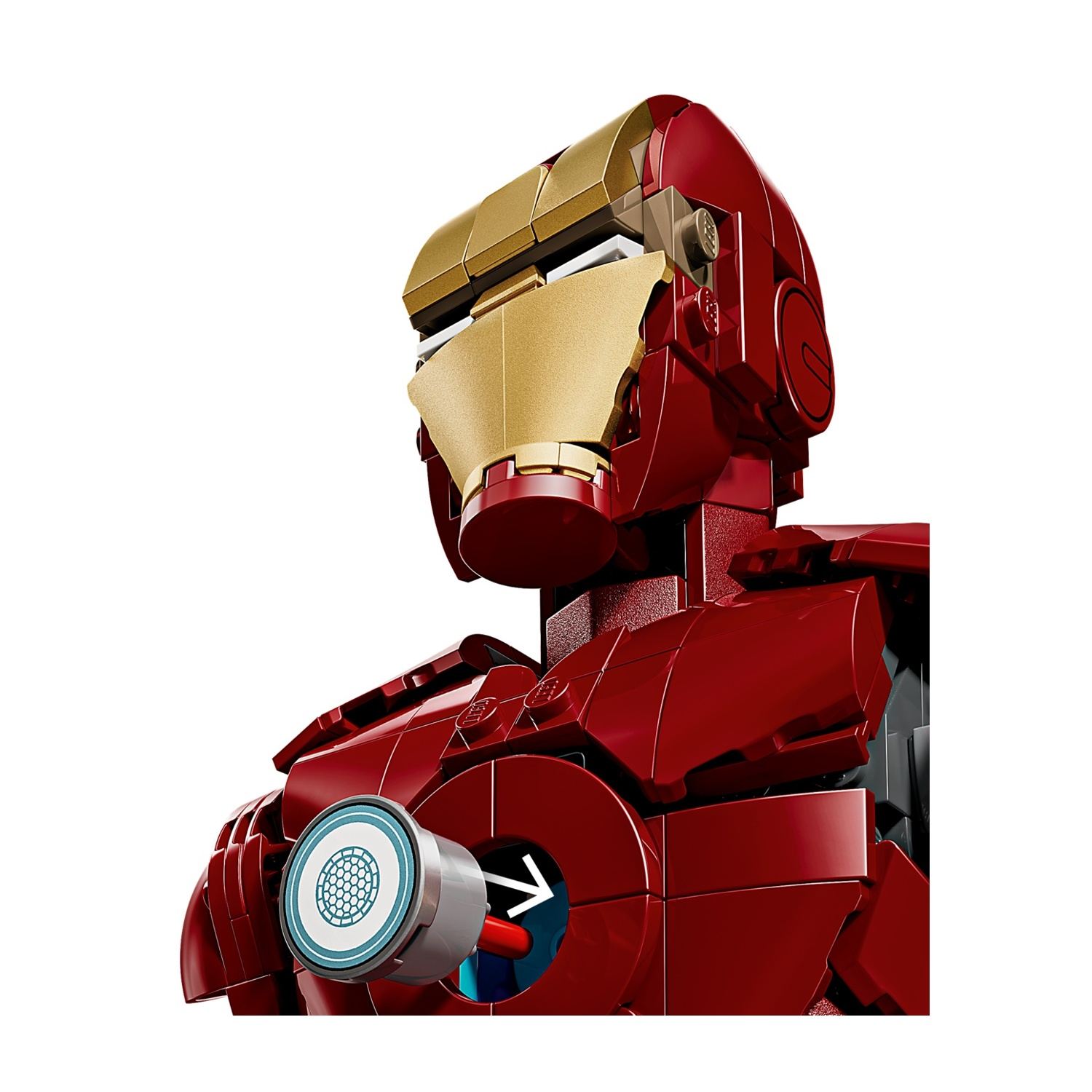 Primo piano di un Iron Man Lego rosso e oro con un cerchio blu sul petto.