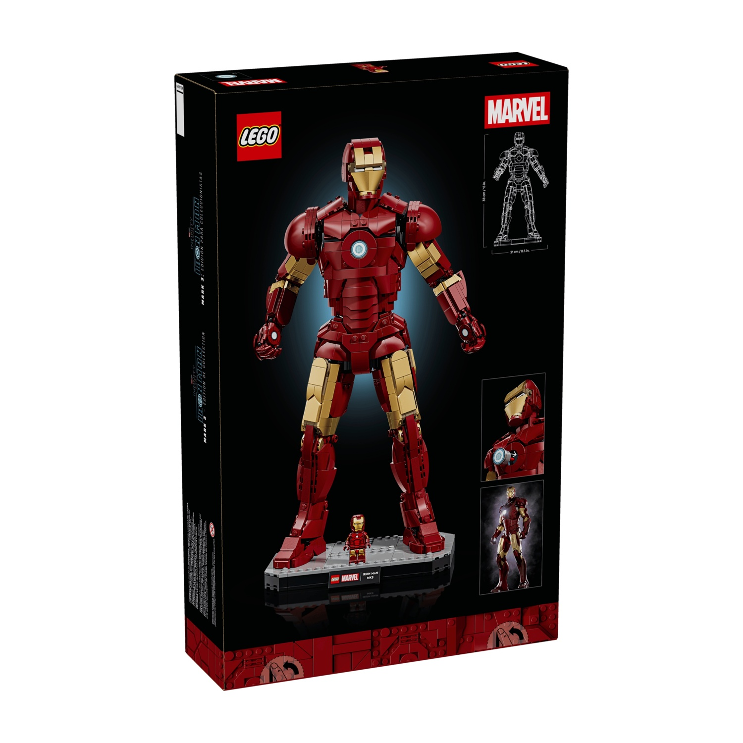 Set LEGO Iron Man Mark 3 con figure grandi e piccole su sfondo nero.