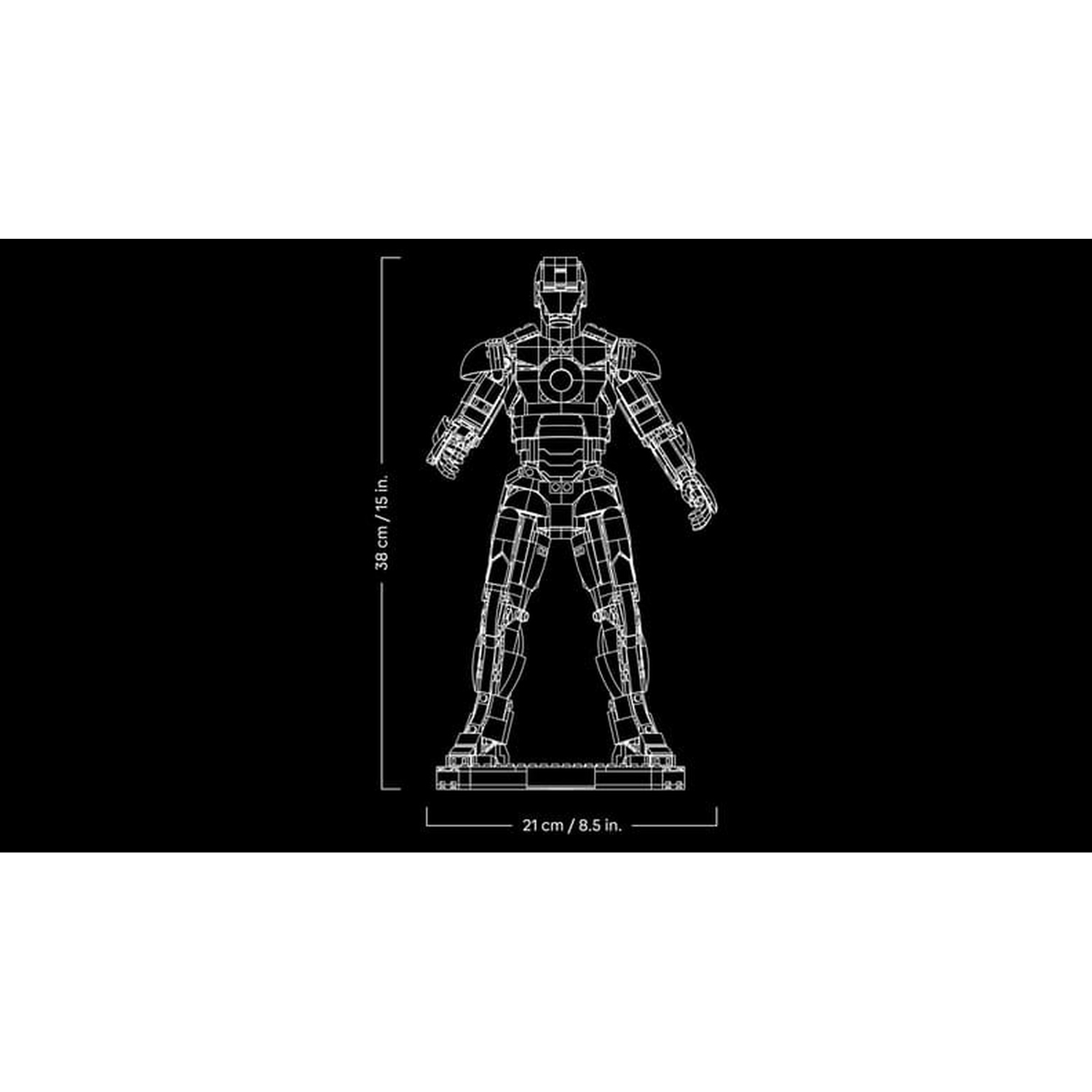 Schema della figura di Iron Man su sfondo nero con dimensioni.