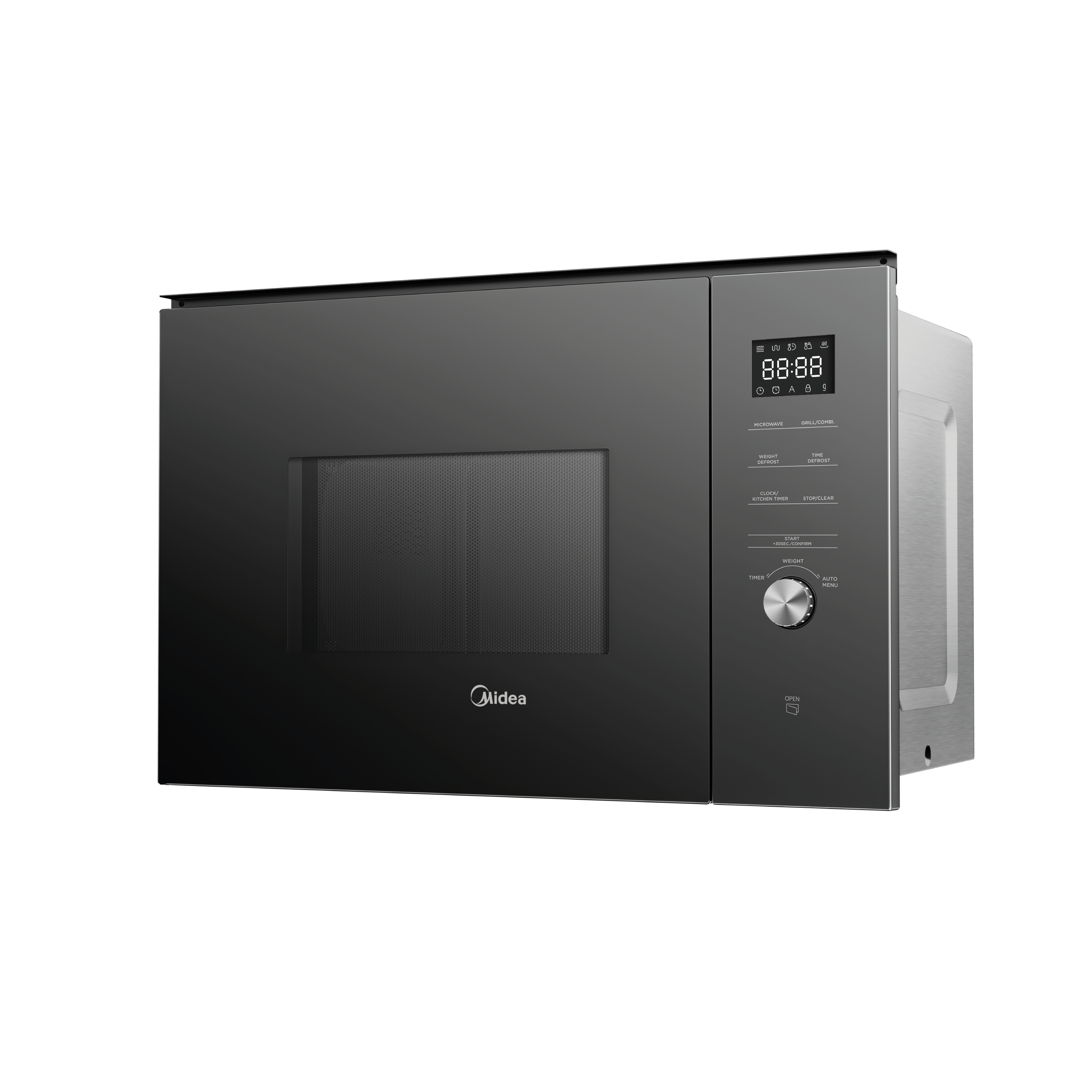 Microondas negro con pantalla digital y panel de control. Logo Midea abajo.