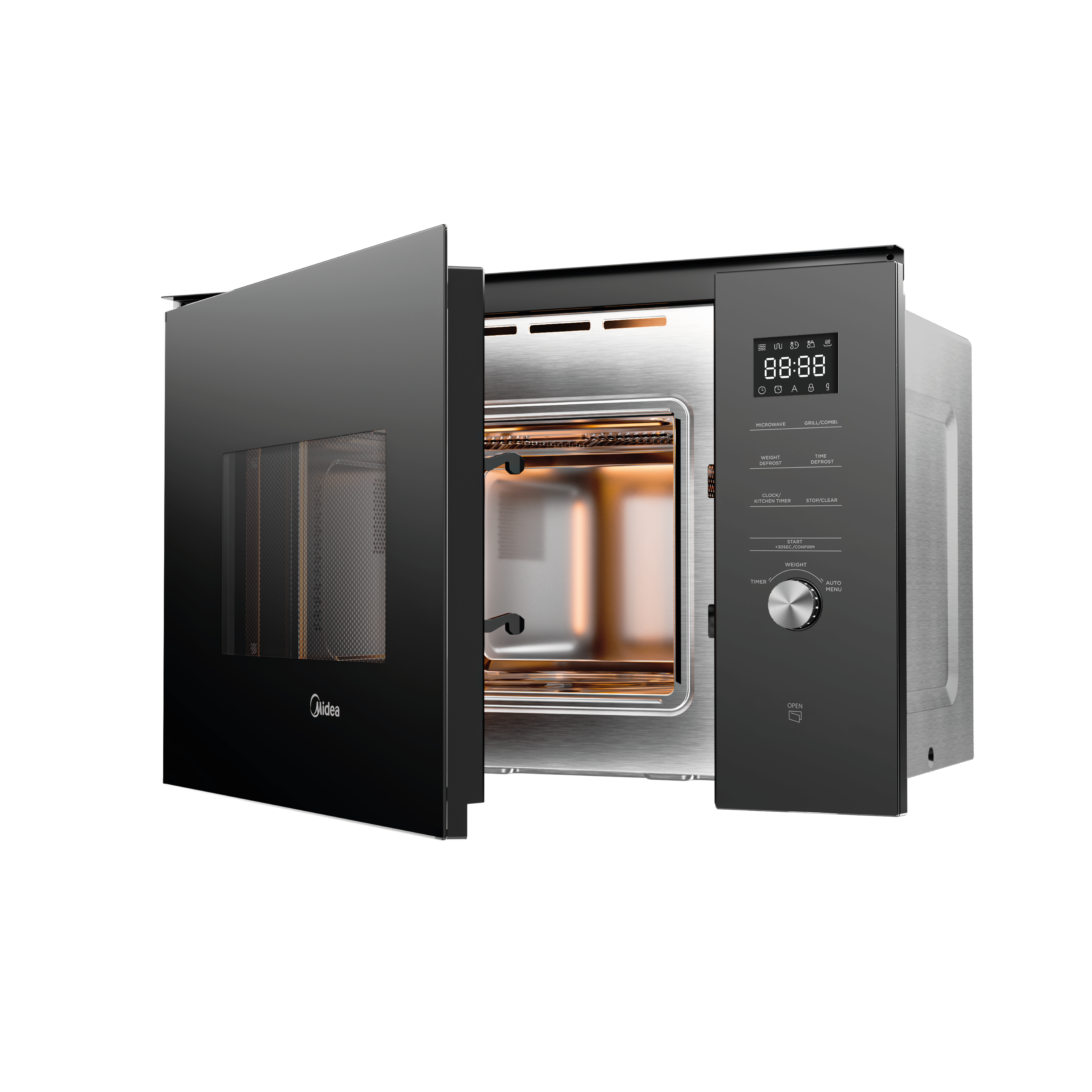 Un microondas Midea moderno con la puerta abierta, mostrando la pantalla digital.