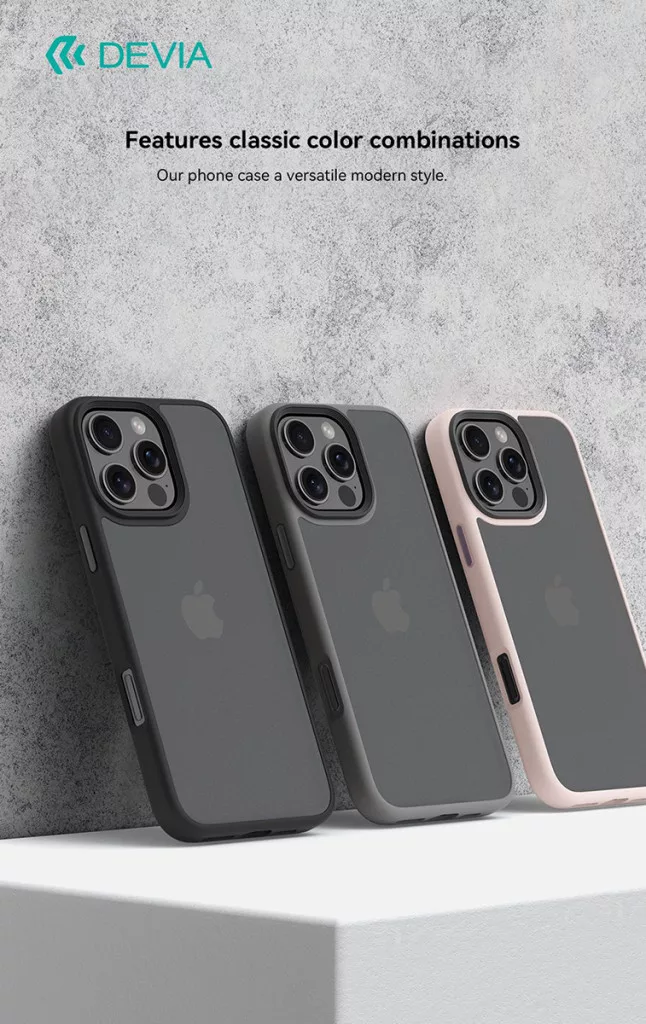 Három iPhone tok fekete, szürke és rózsaszín színben, egymás mellett.
