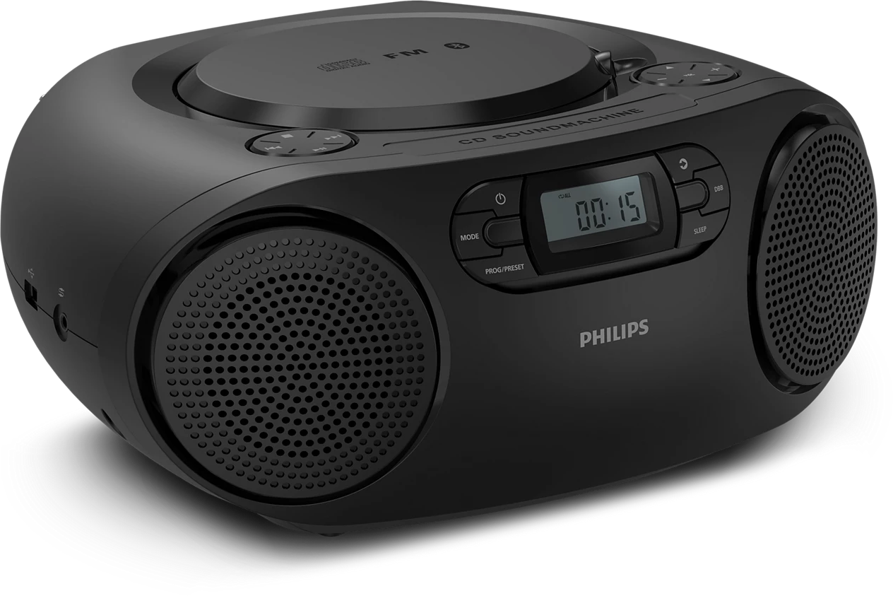 Fekete Philips CD Soundmachine boombox hangszórókkal és digitális kijelzővel.
