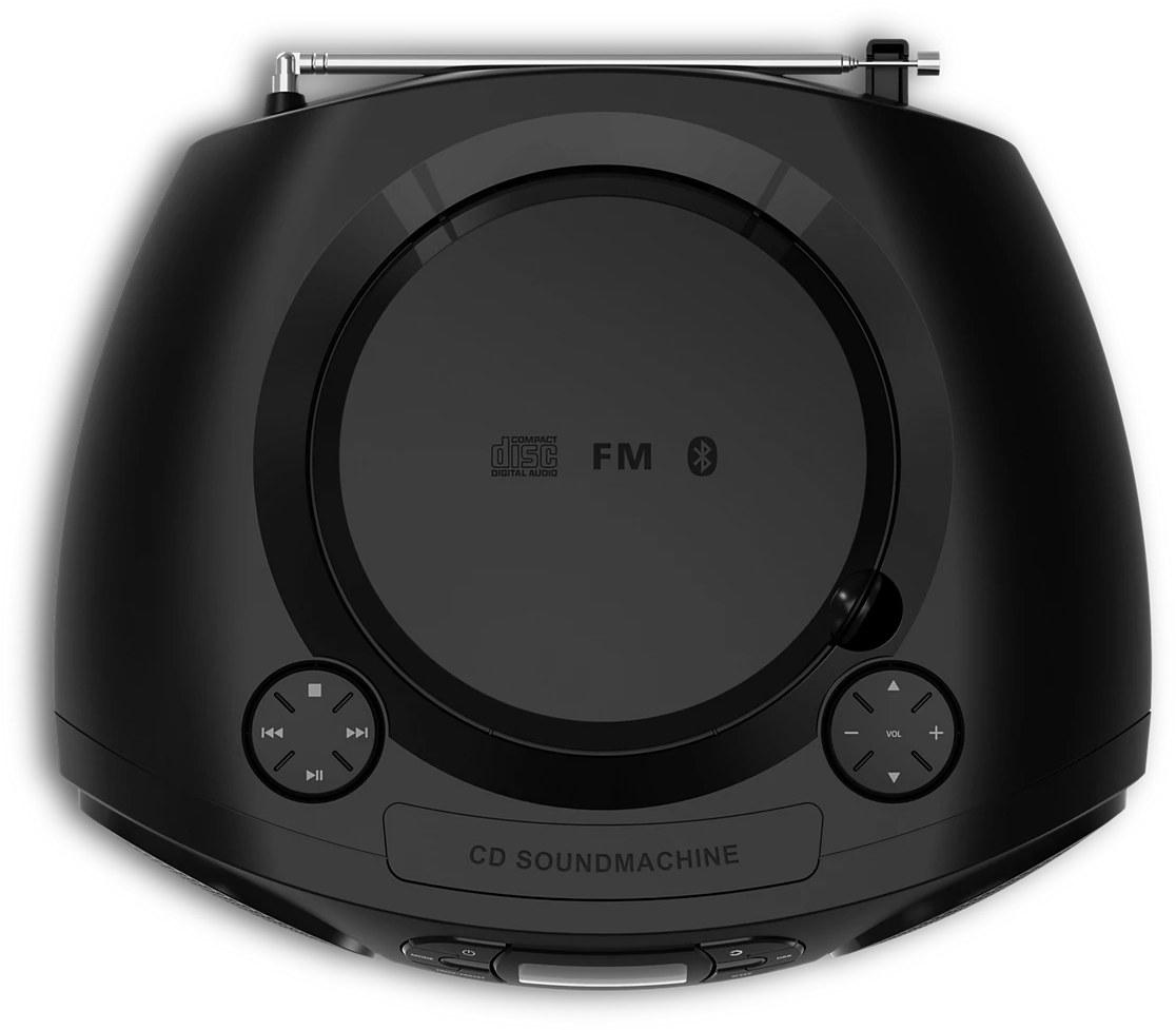 Fekete CD hangbox FM rádióval és kihúzható antennával.