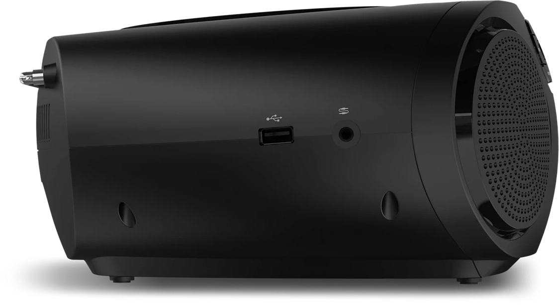 Fekete hangszóró USB-porttal és 3,5 mm-es jack csatlakozóval az oldalán.