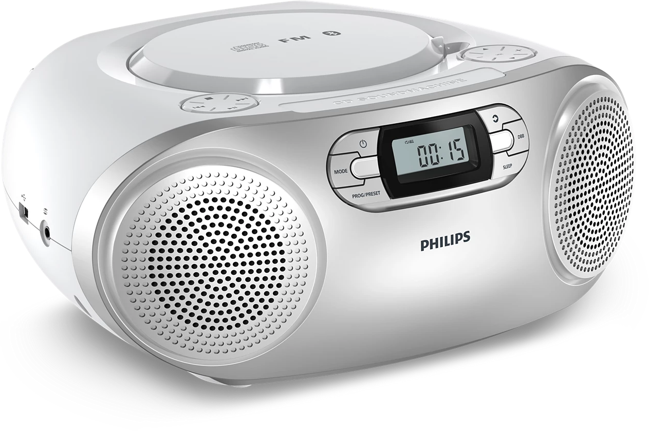 Fehér Philips CD hangfalrendszer digitális kijelzővel.