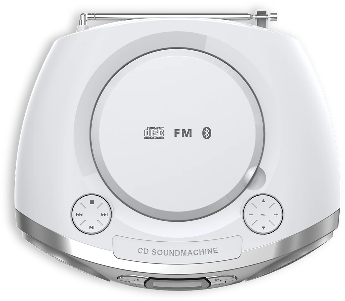 Fehér CD hangfal FM rádióval és Bluetooth-szal.