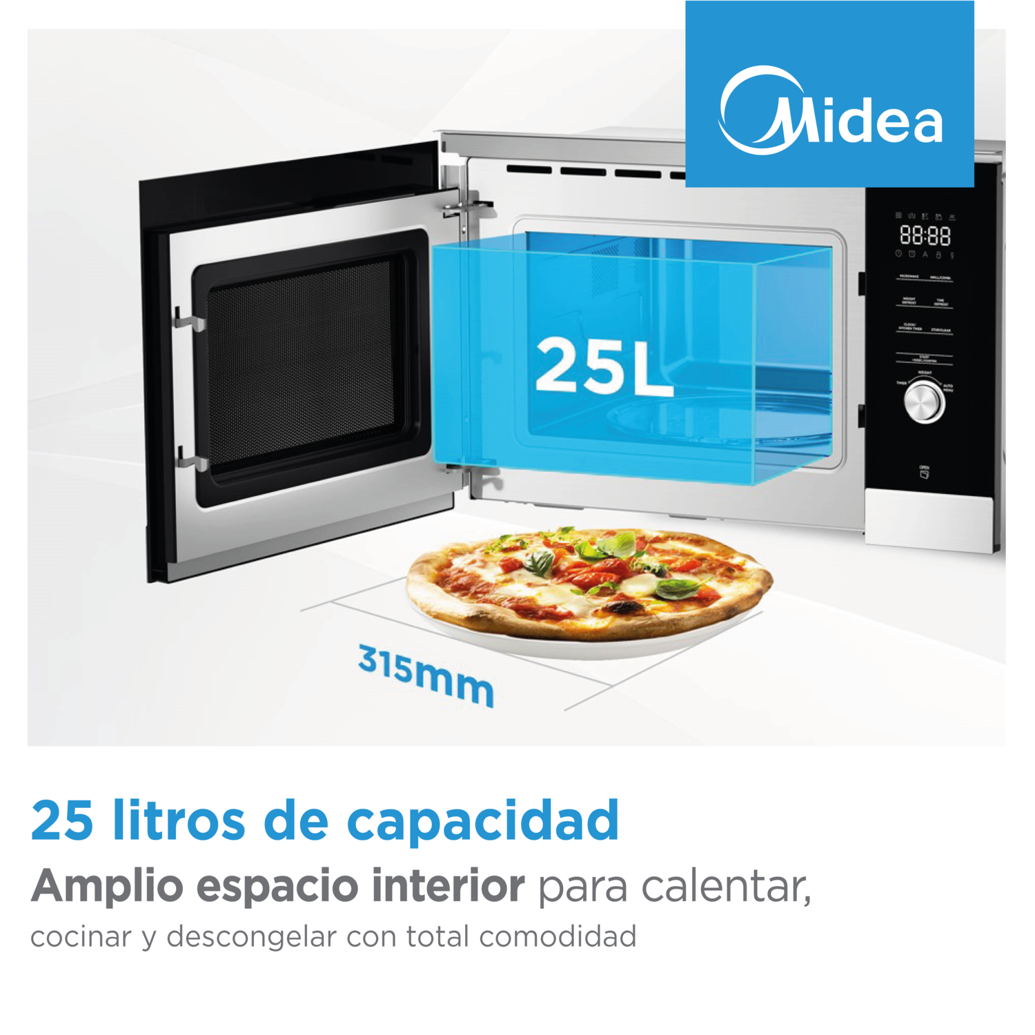 Un microondas Midea con puerta abierta, capacidad 25L y una pizza.
