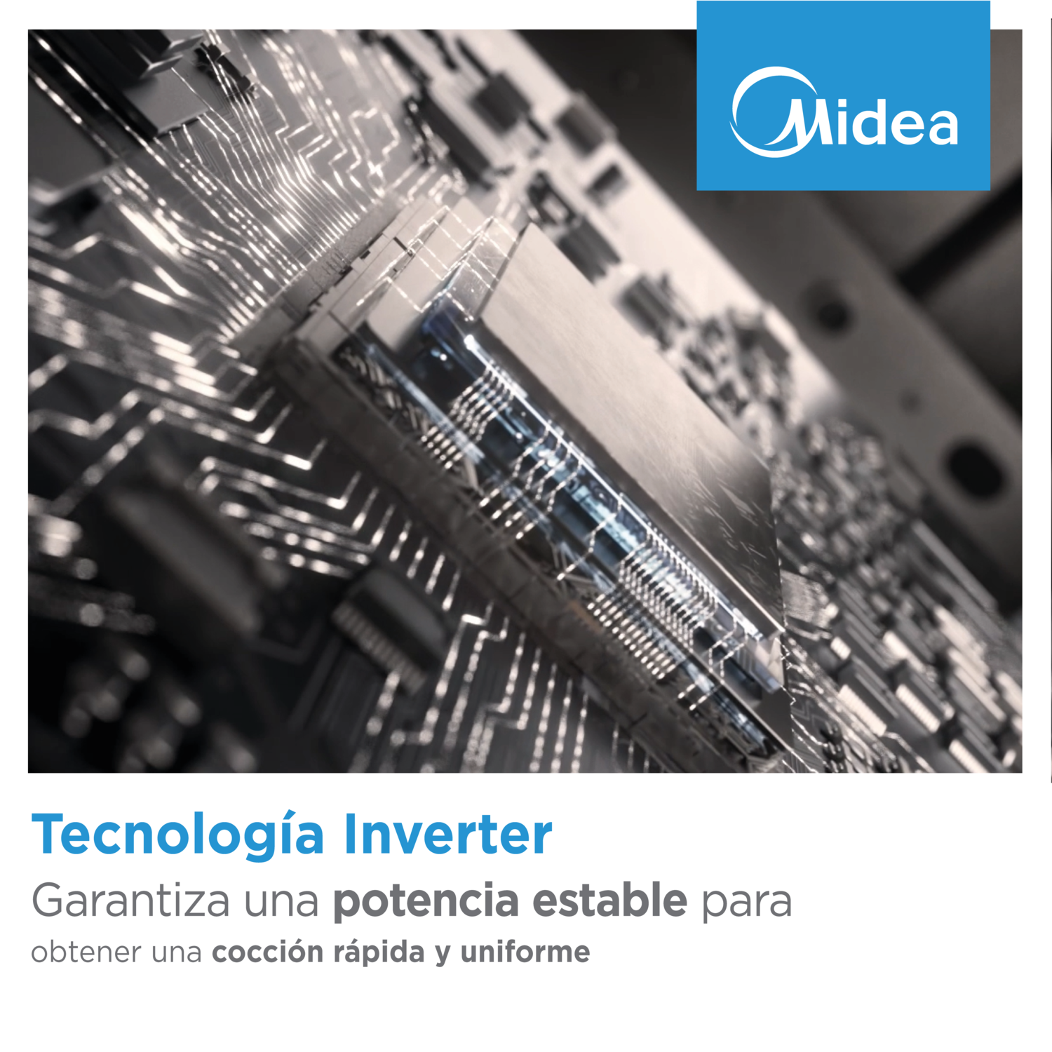 Primer plano de una placa de circuito con el logo de Midea. Tecnología para rendimiento estable.
