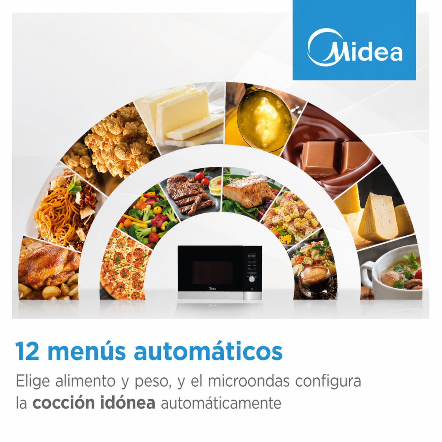 Microondas Midea con varios alimentos como pizza, pollo, fideos, carne, pescado y queso.