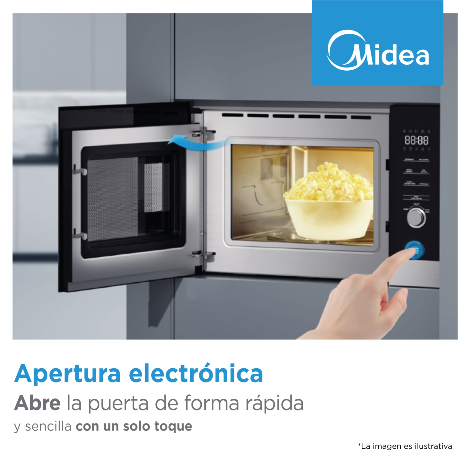 Un microondas Midea con la puerta abierta, mostrando un bol de palomitas.