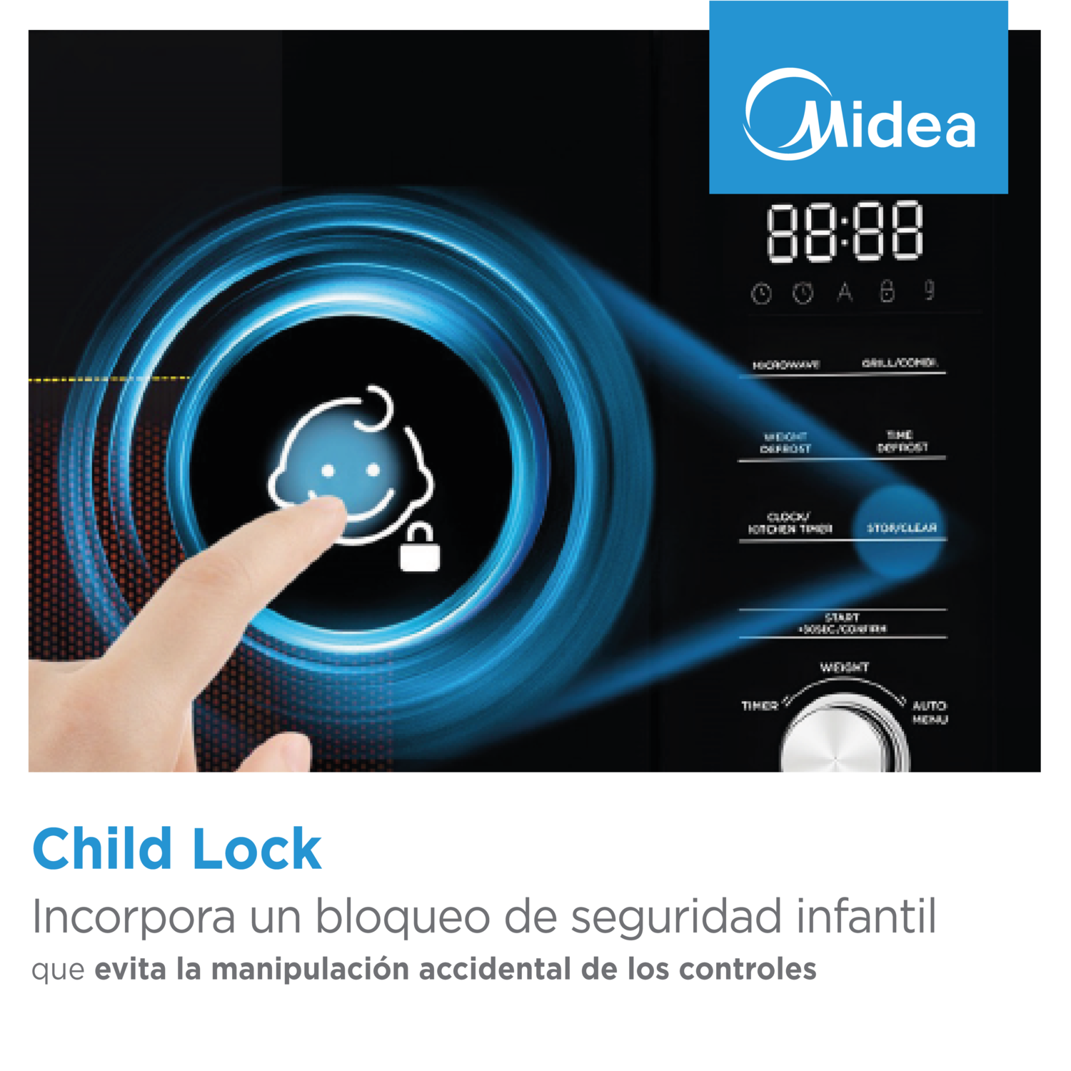 Primer plano del panel de control de un microondas con un icono de niño y un candado.