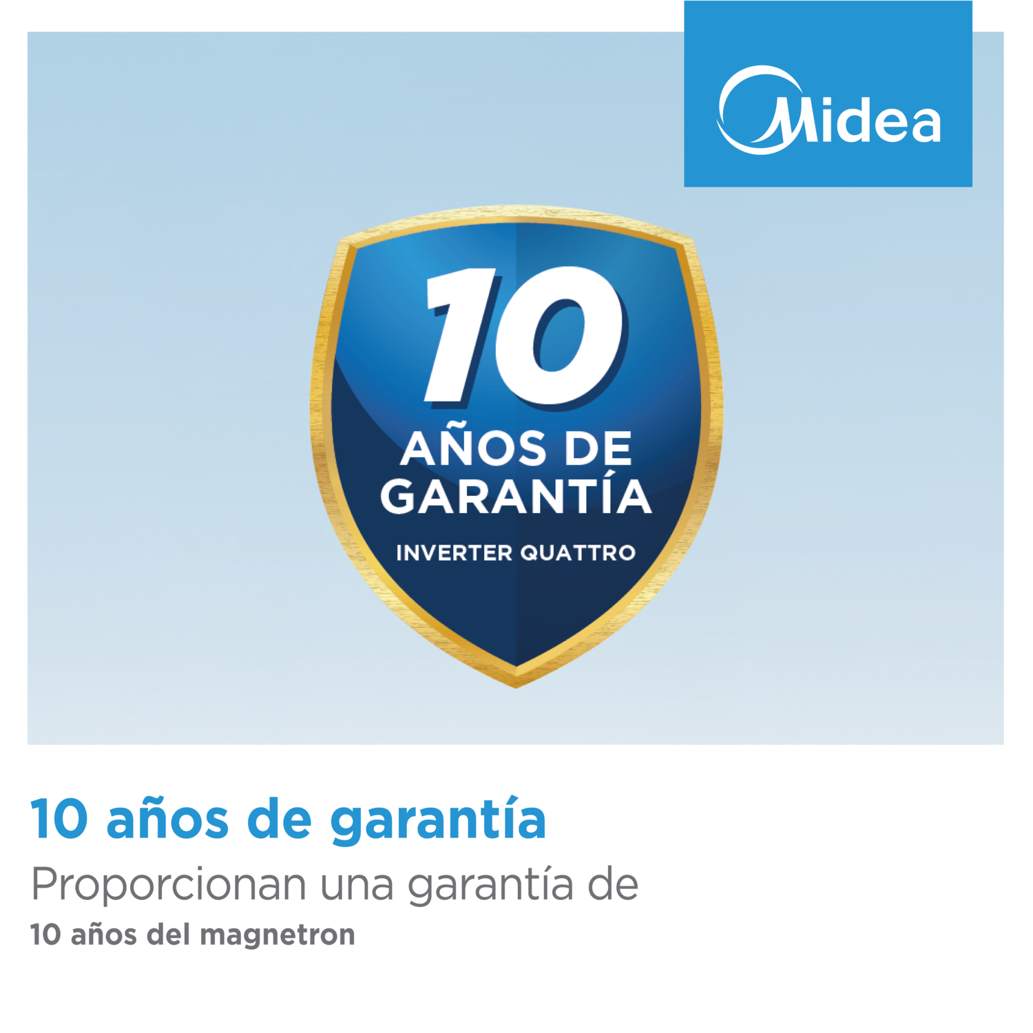 Logotipo Midea y un emblema de 10 años de garantía.