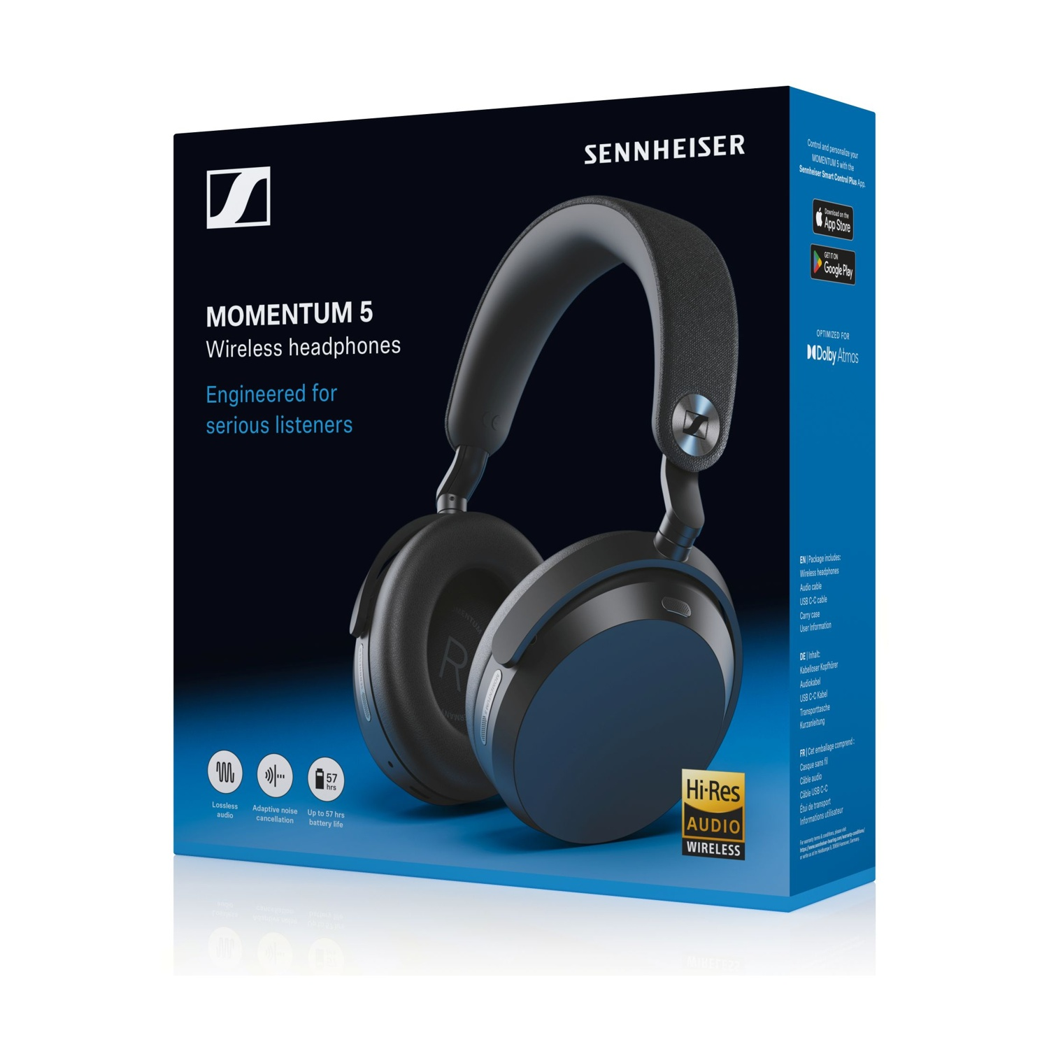 Cuffie wireless Sennheiser Momentum 5 su scatola scura con caratteristiche prodotto.