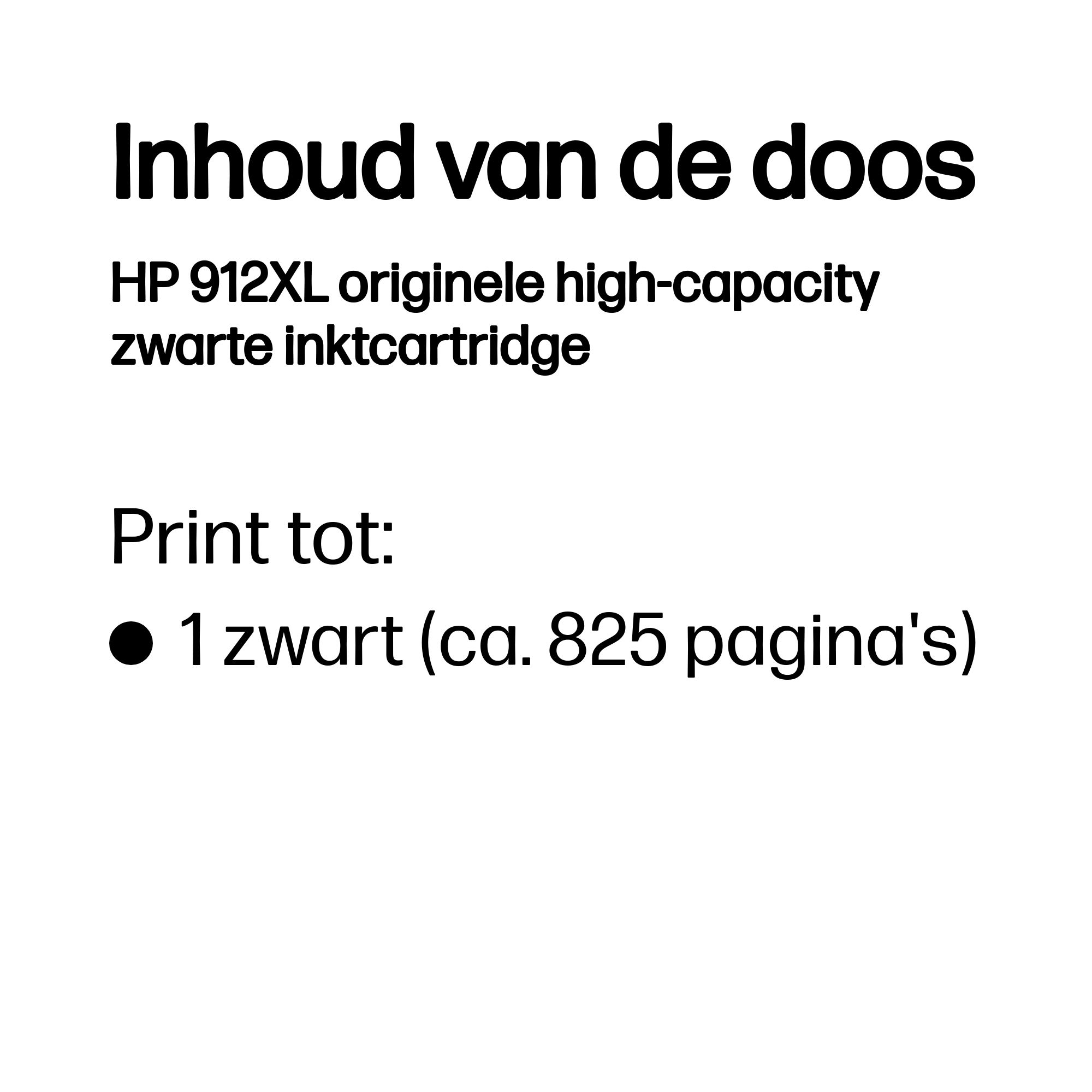 Box contents: HP 912XL original high-capacity black ink cartridge, 825 pages.