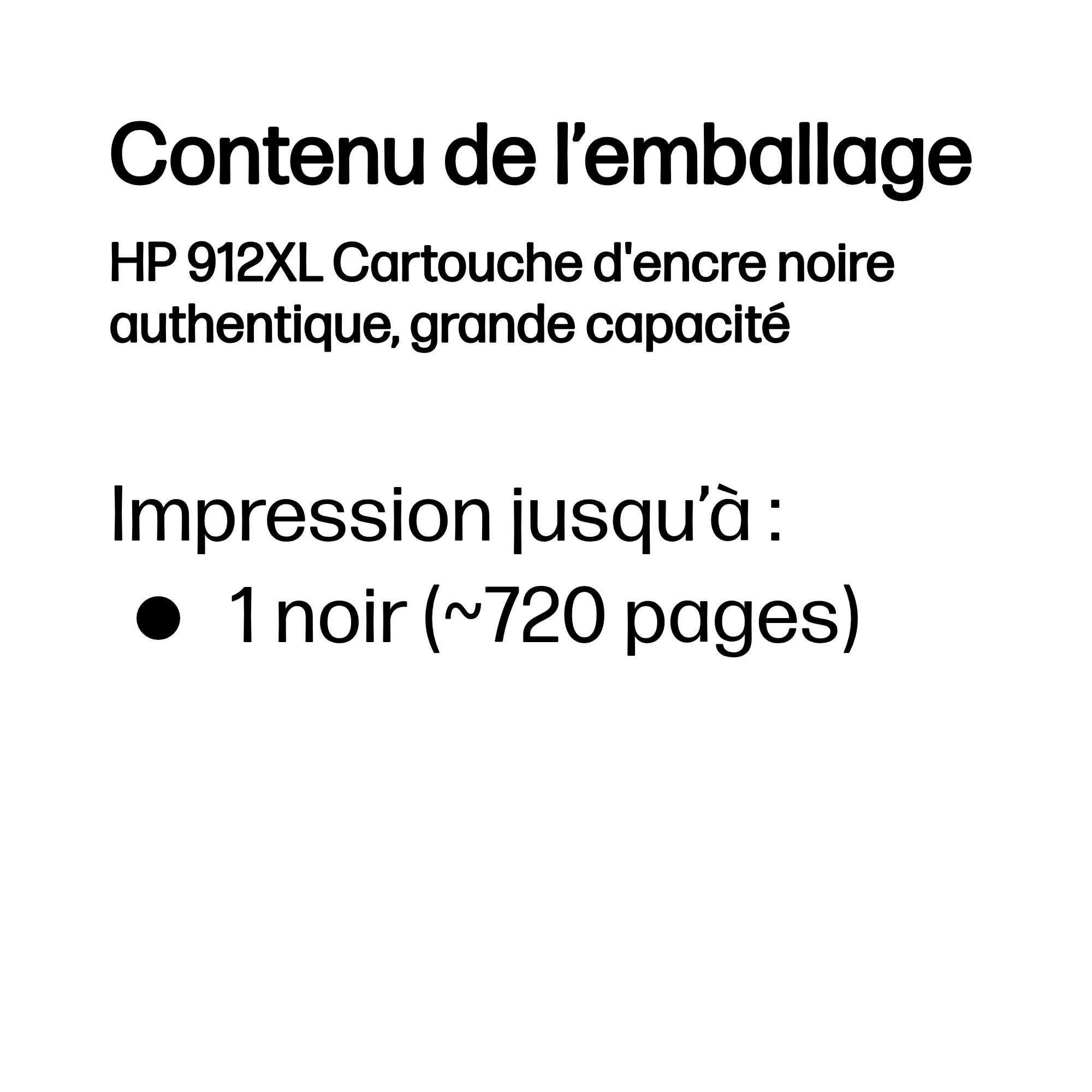 Contenu de l'emballage : Cartouche d'encre noire authentique HP 912XL.