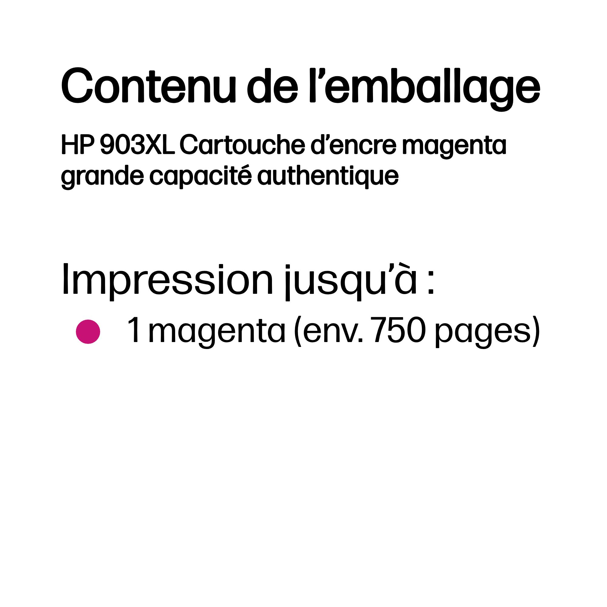 Contenu emballage: Cartouche encre HP 903XL Magenta XL, env. 750 pages.