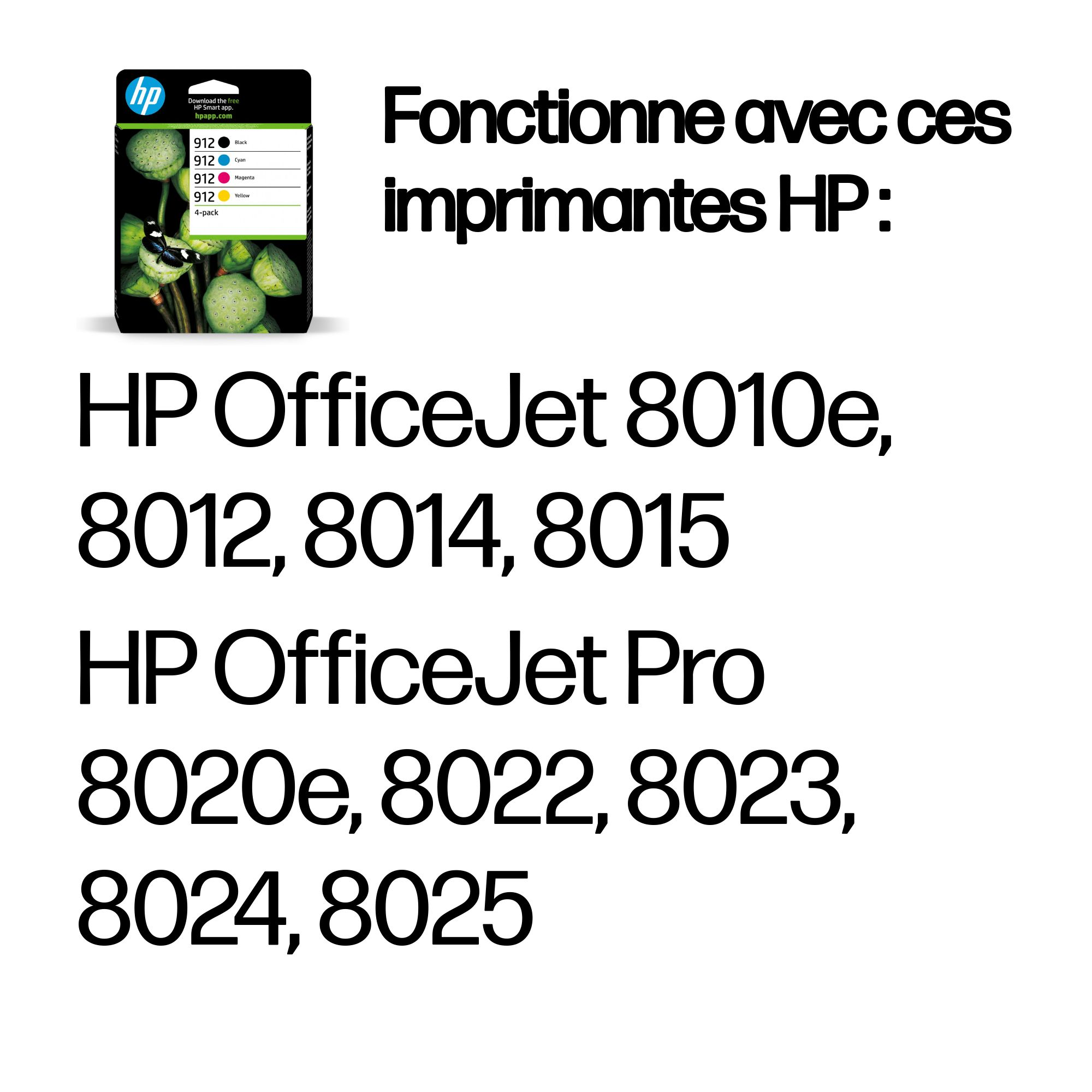 Emballage de cartouche d'encre HP listant les imprimantes compatibles.
