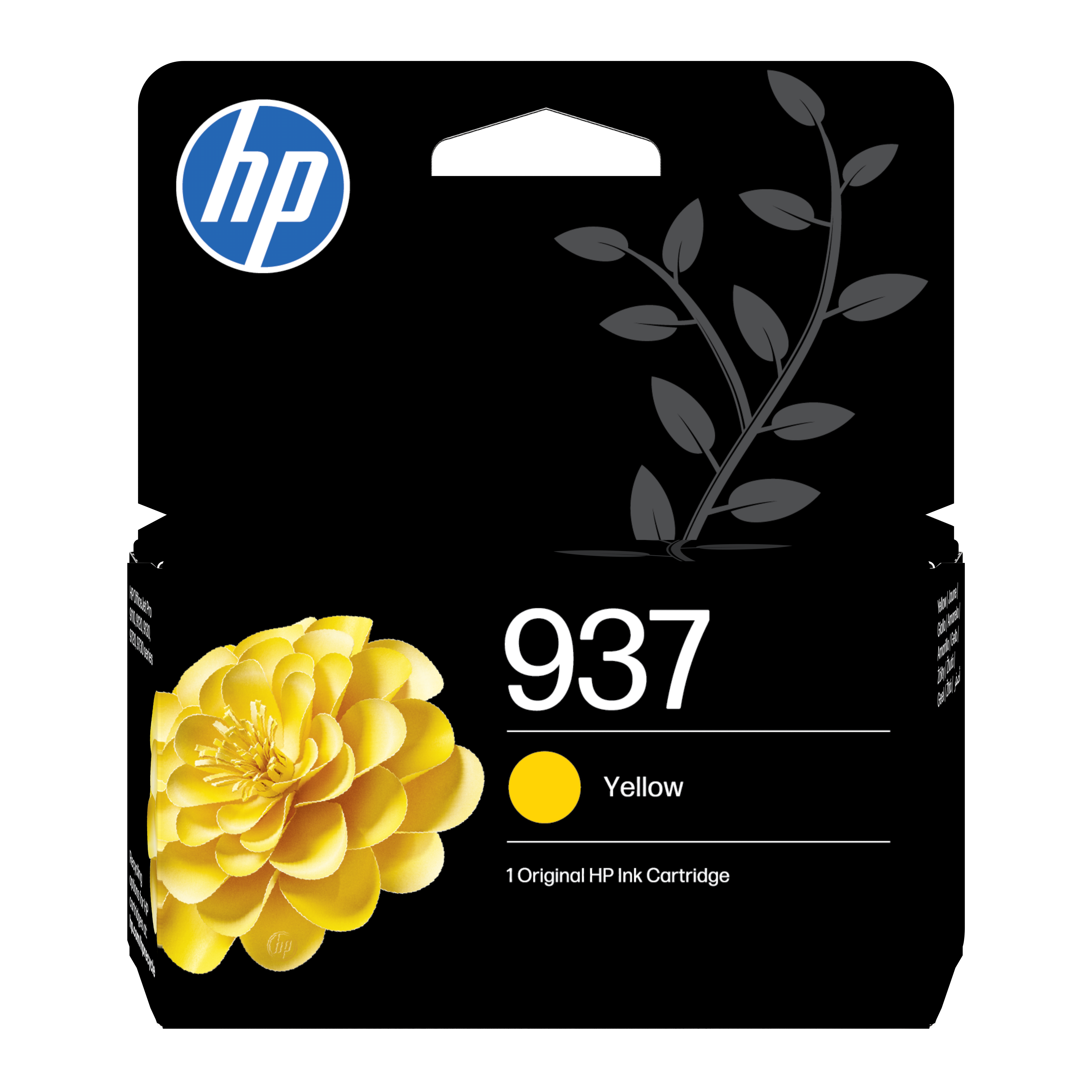 HP 937 Gelb Tintenpatrone mit Blumenmuster und HP-Logo.