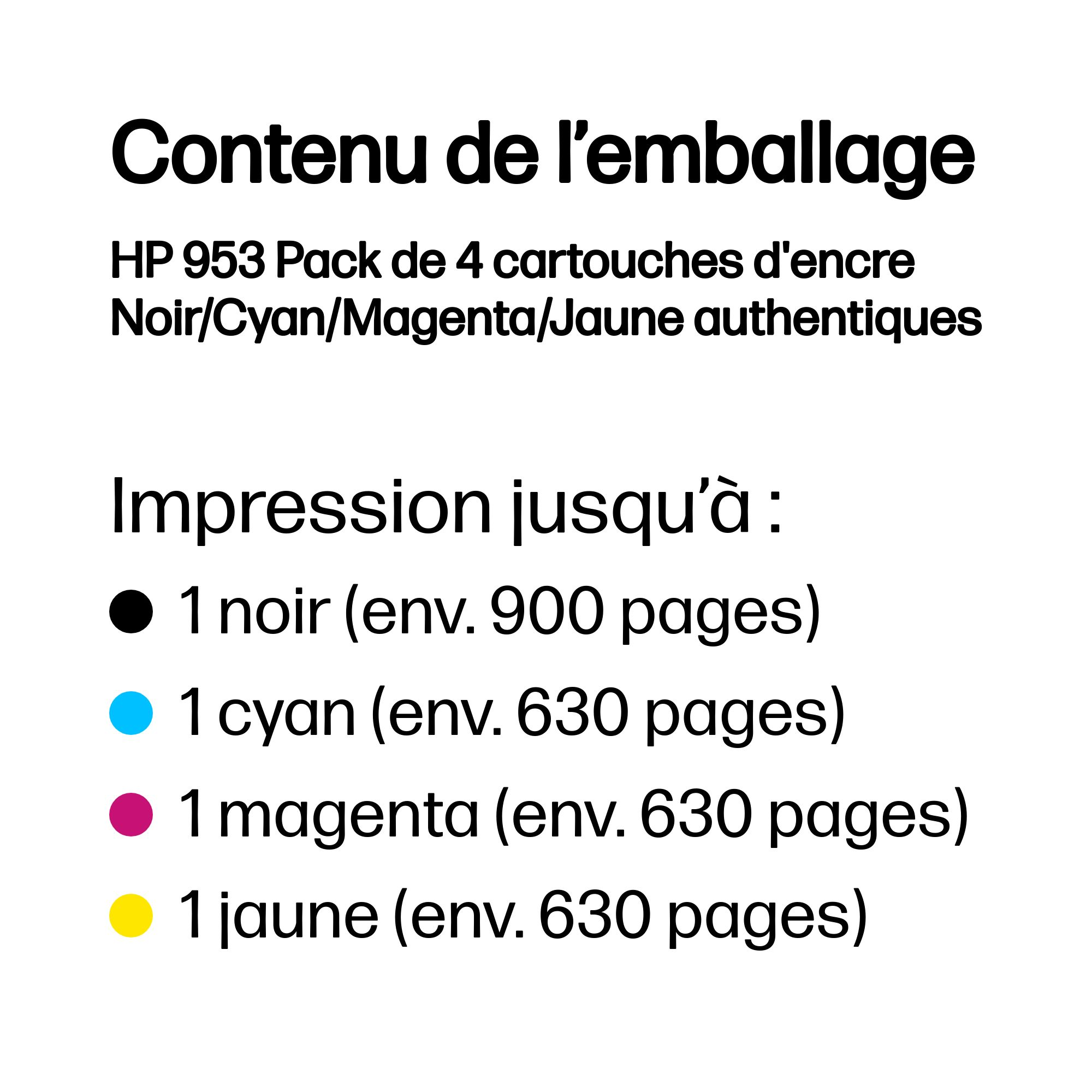 HP 953 pack 4 cartouches d'encre: 1 Noir (900 p.), 1 Cyan (630 p.)