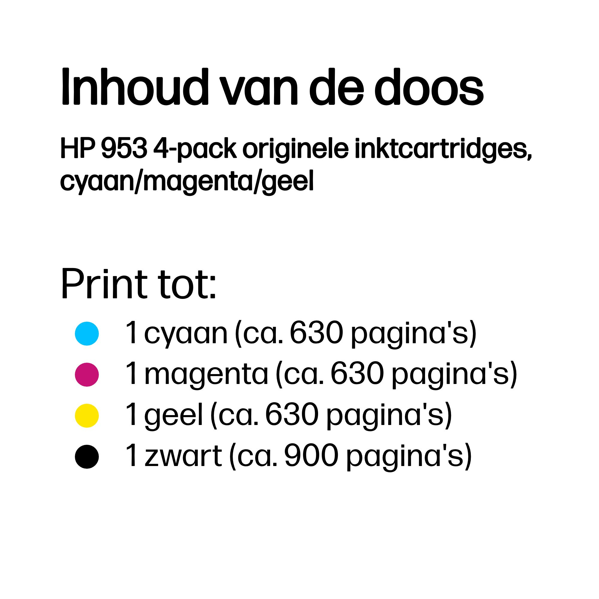 Box contents: HP 953 4-pack ink cartridges: cyan, magenta, yellow. Print yield: 1 cyan (630pg), 1 magenta (630pg), 1 yellow (630pg), 1 black (900pg).