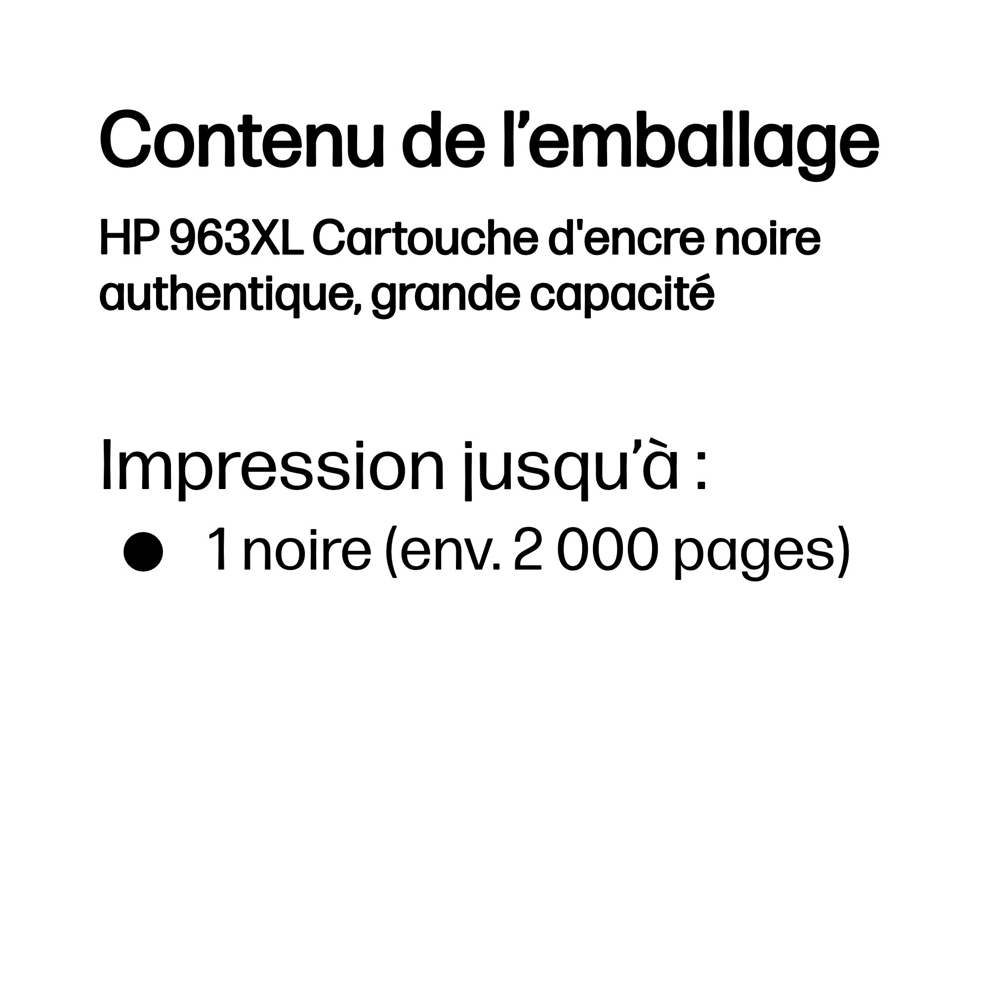 Contenu de l'emballage : Cartouche d'encre noire authentique HP 963XL.