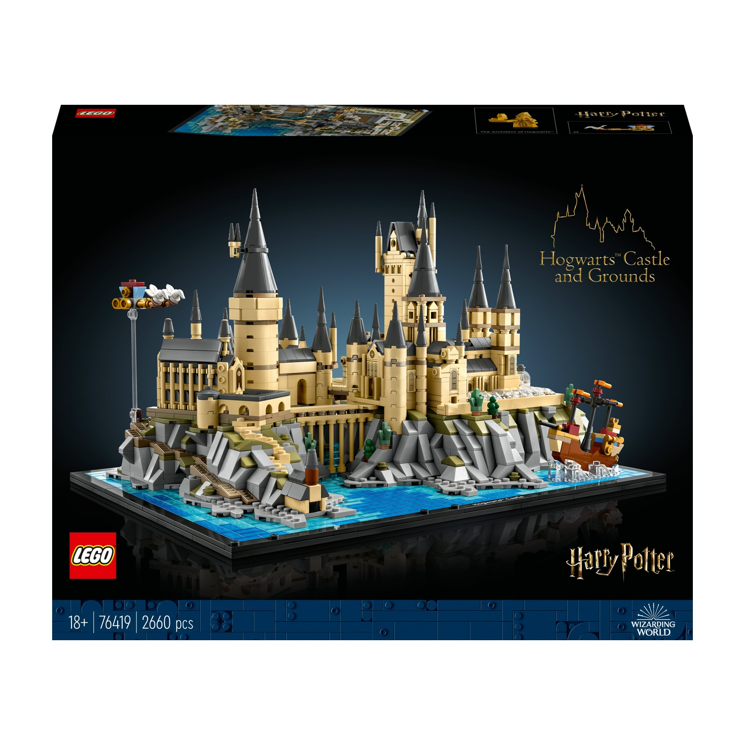 Set LEGO Castello e Terreni di Hogwarts con barca e auto volante.