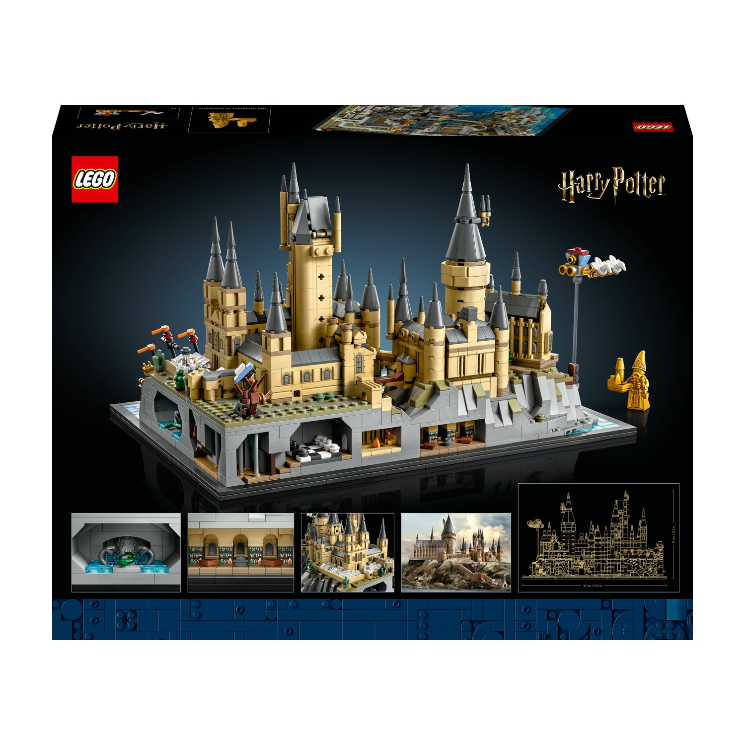 Un modello Lego del castello di Hogwarts con torri e mura su una base grigia.