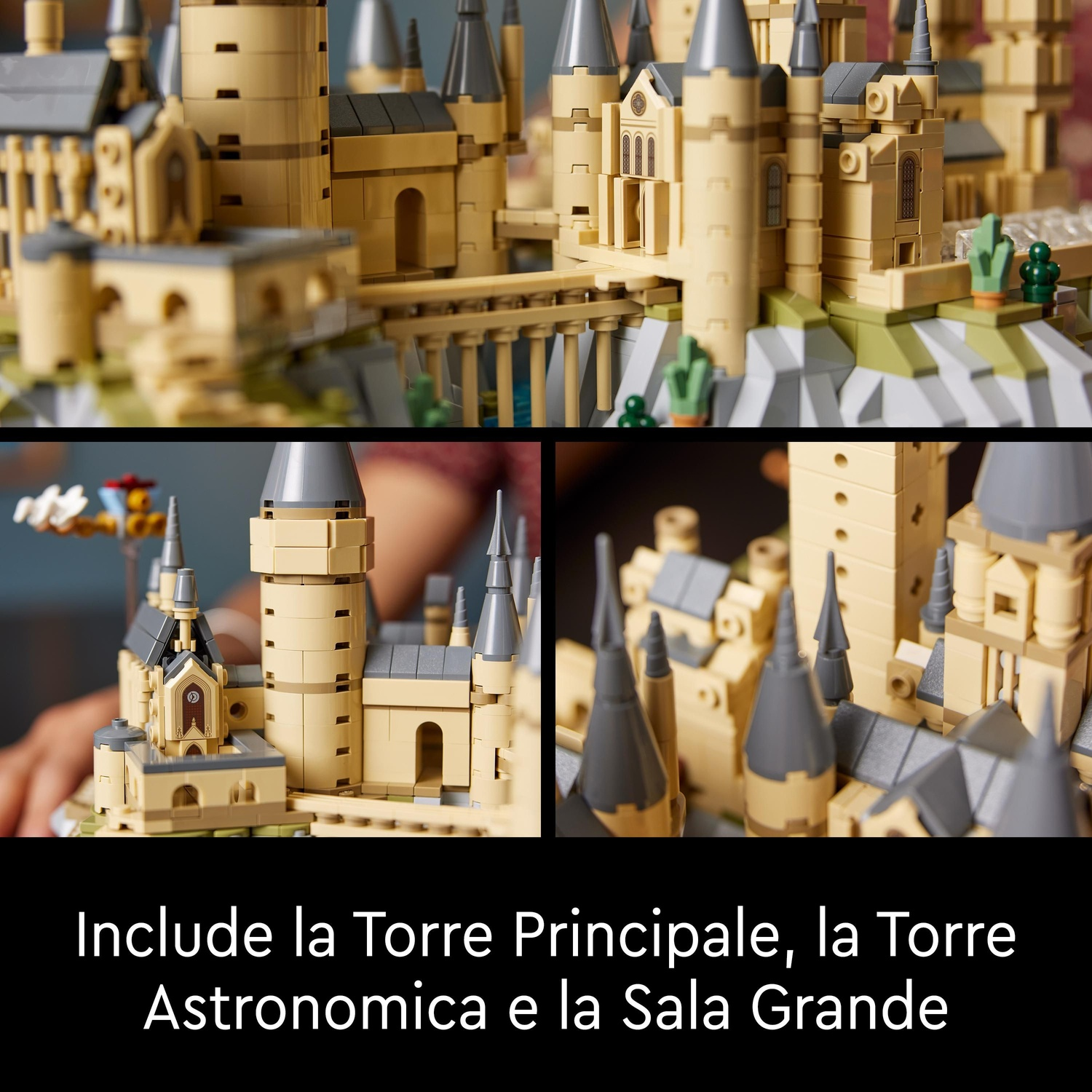 Replica Lego del castello di Hogwarts con torri, ponti e accenti verdi.