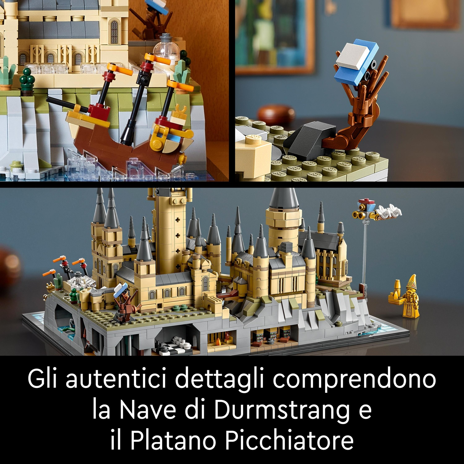 Tre modelli Lego: castello, barca e albero con blocchi blu e bianchi.