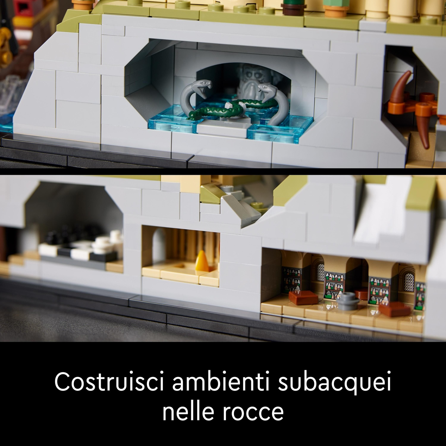 Modello LEGO con serpenti in un arco e interni con scaffali.