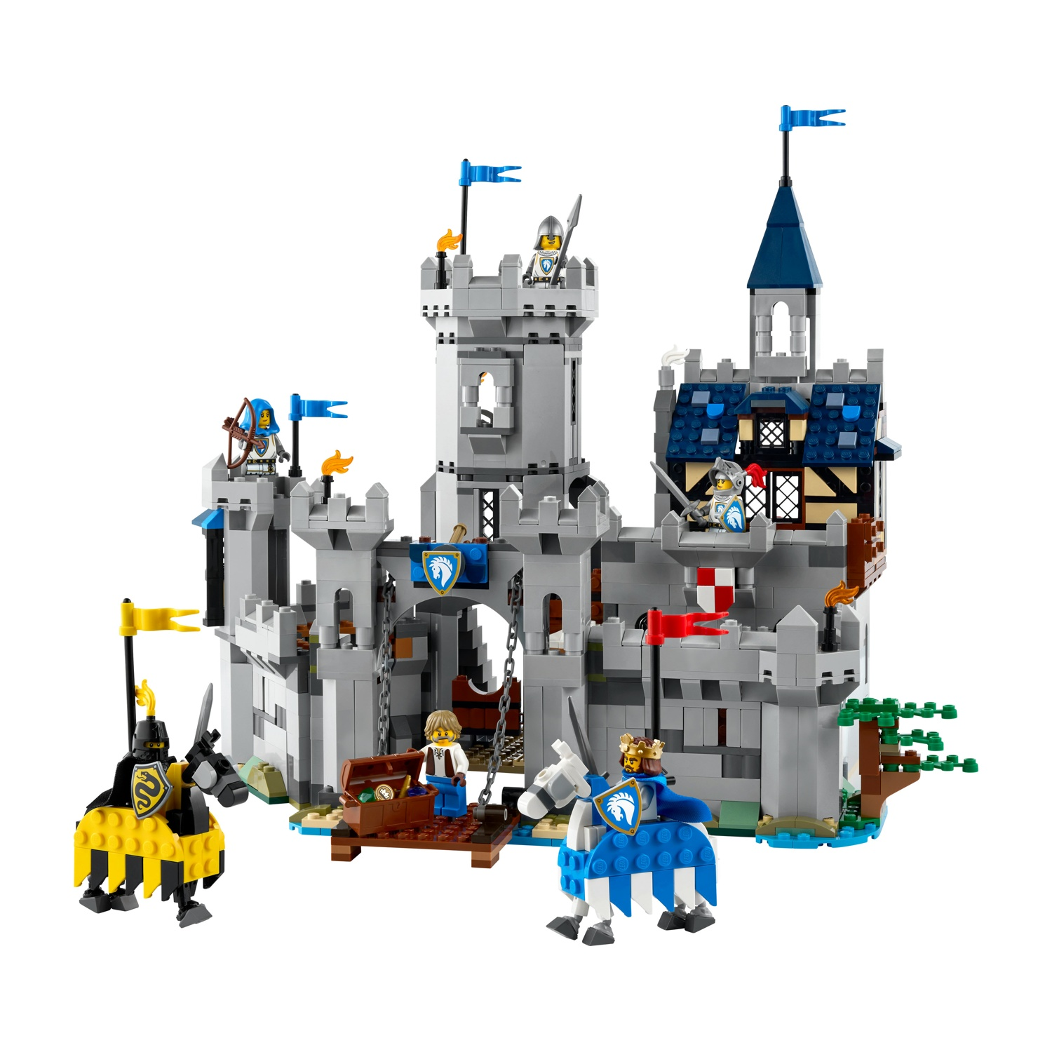 Castello Lego grigio con cavalieri a cavallo, un baule e bandiere. Sfondo bianco.