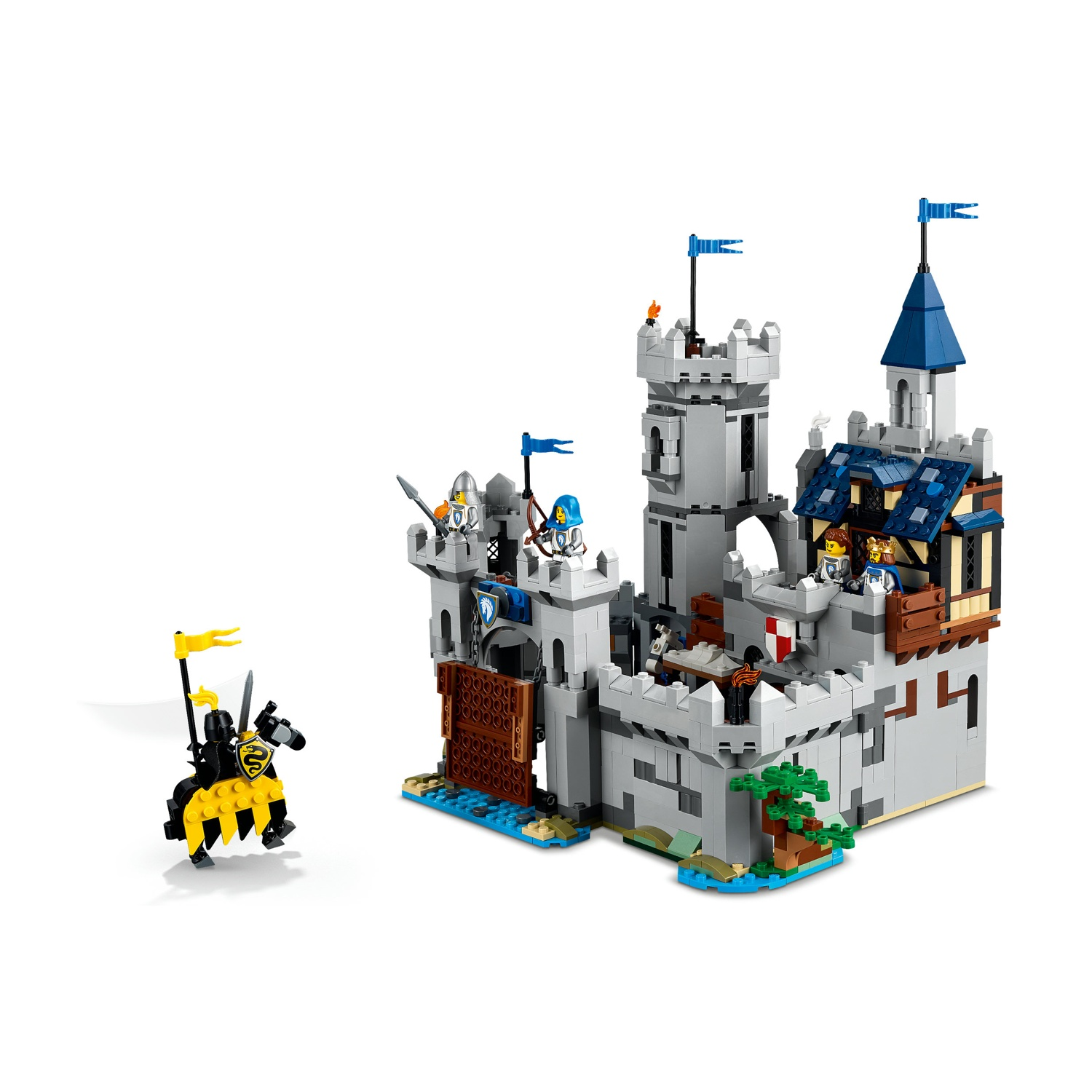 Castello Lego grigio con tetto blu e un cavaliere nero a cavallo.