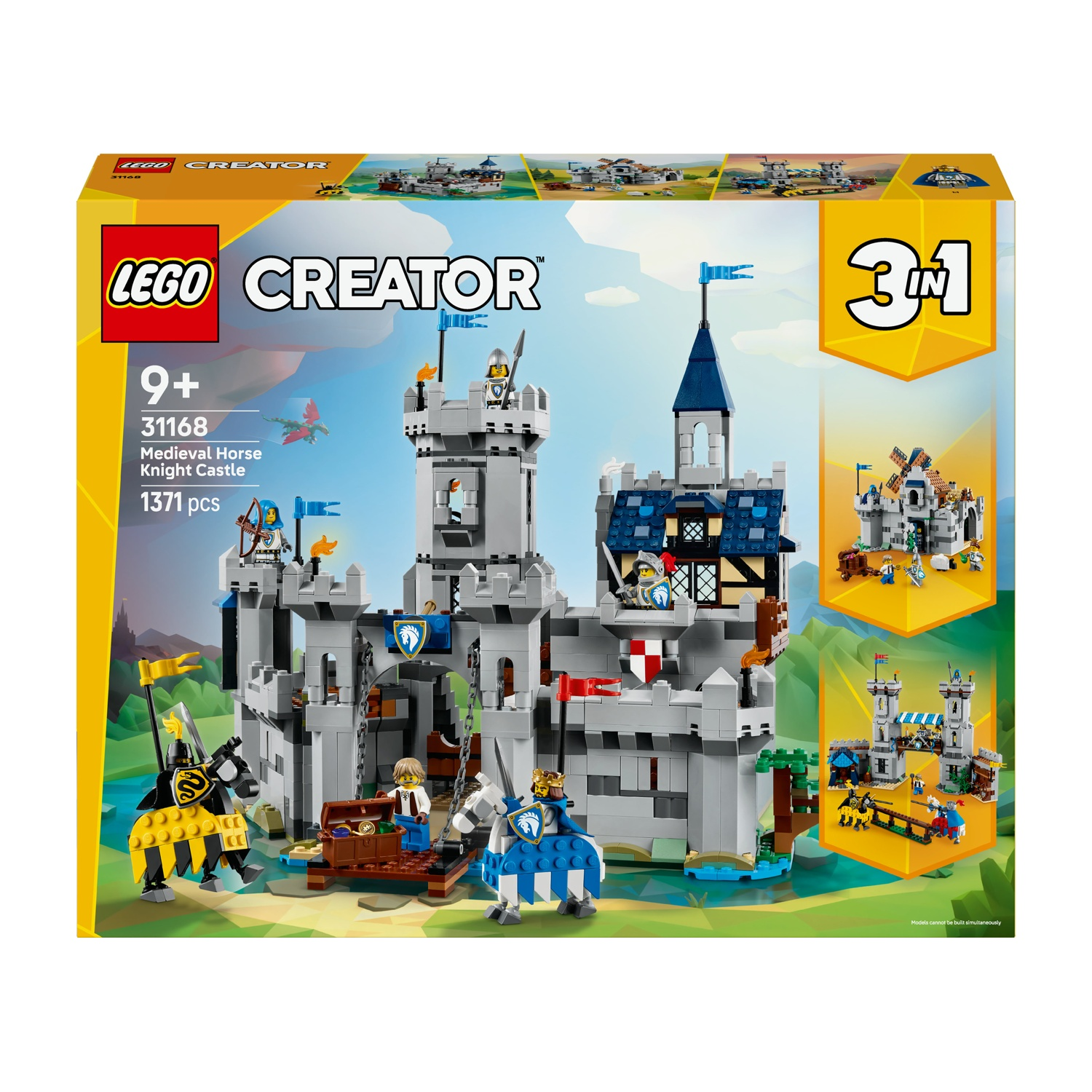 Castello medievale LEGO Creator con cavalli e drago, 1371 pezzi.