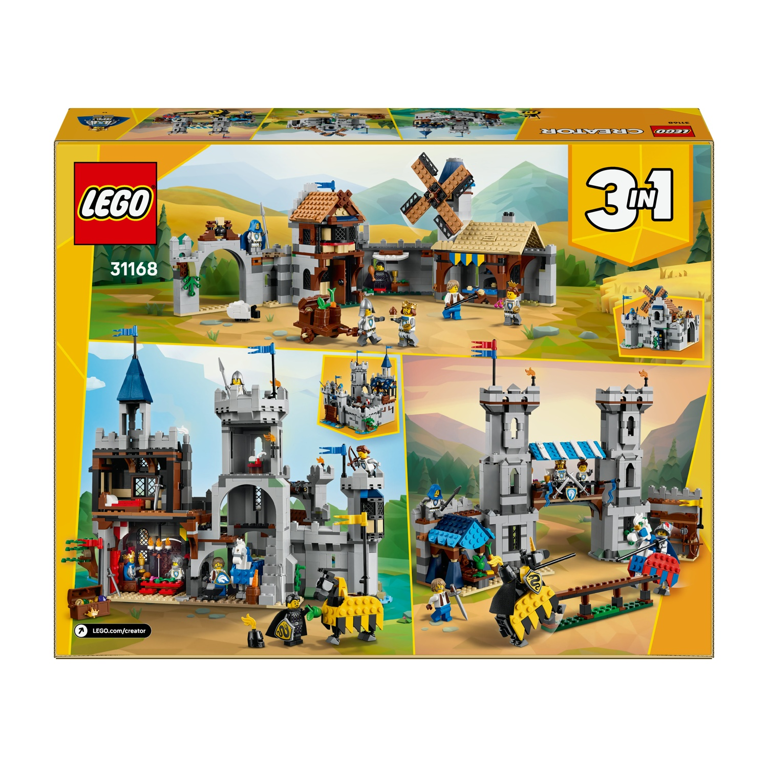 Il set Lego Creator 31168 mostra tre diversi modelli di castello con cavalieri e cavalli.