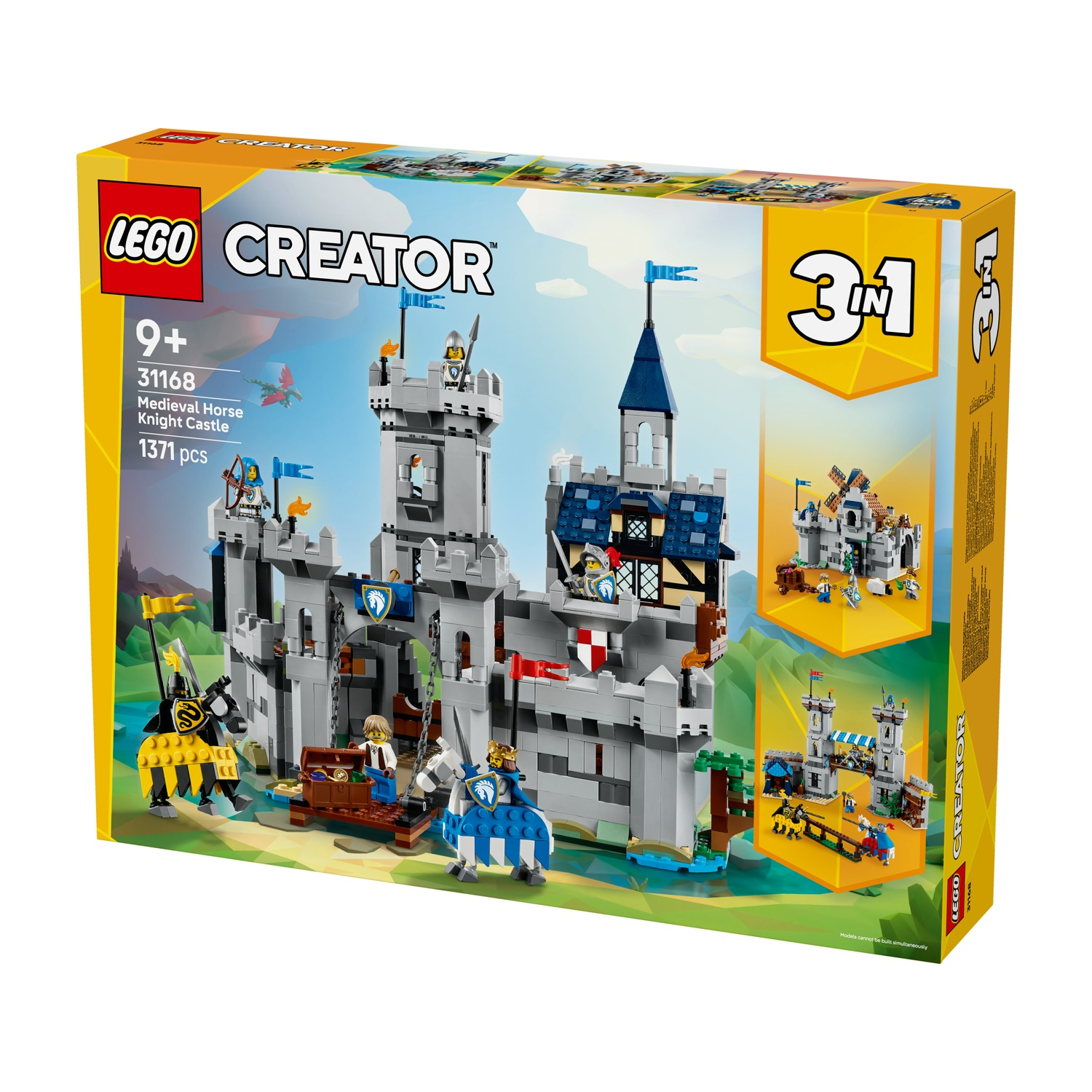 Set LEGO Creator castello di cavalieri con cavalieri, cavalli, drago e forziere.