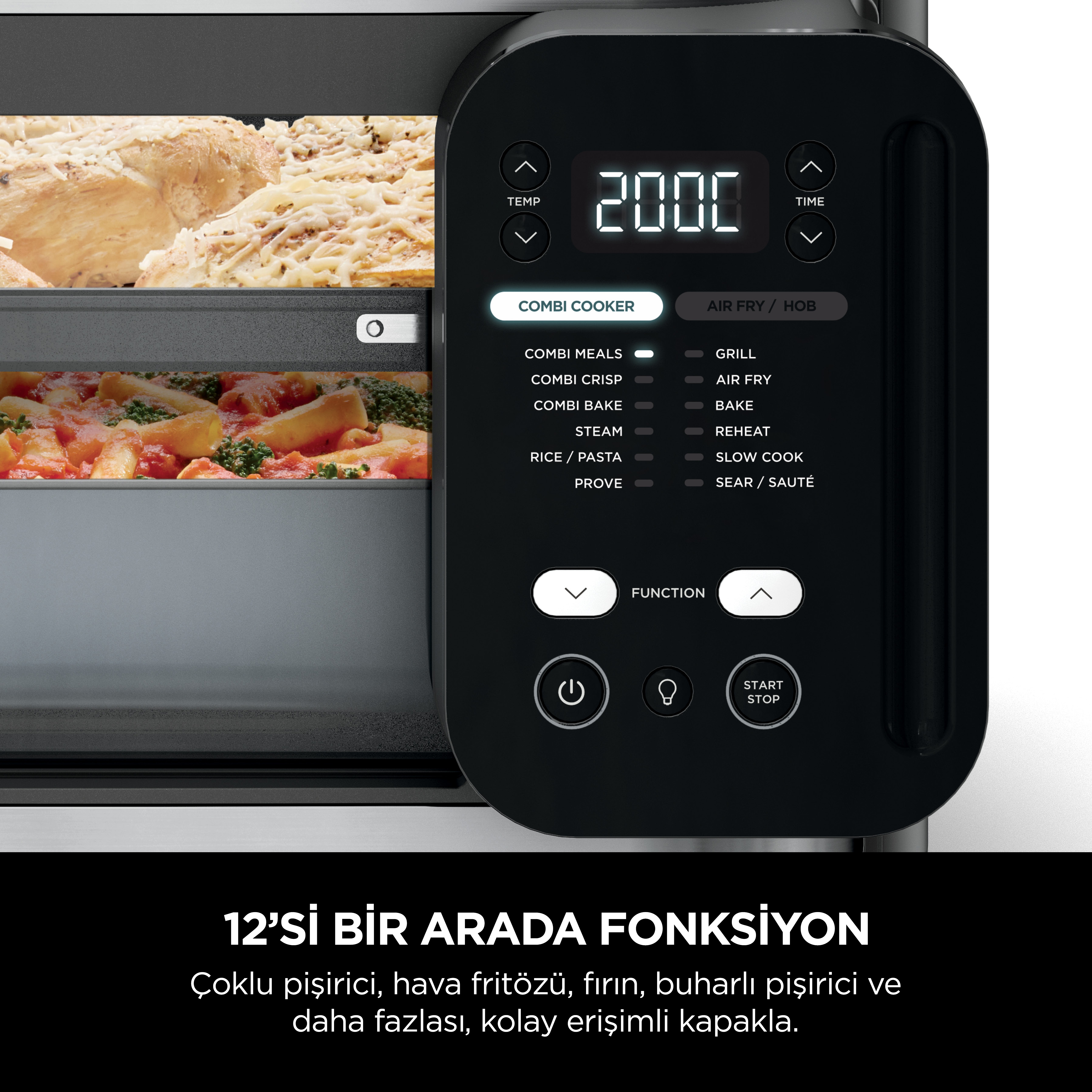 Dijital kumandalı modern fırın, içinde iki kat yemek.