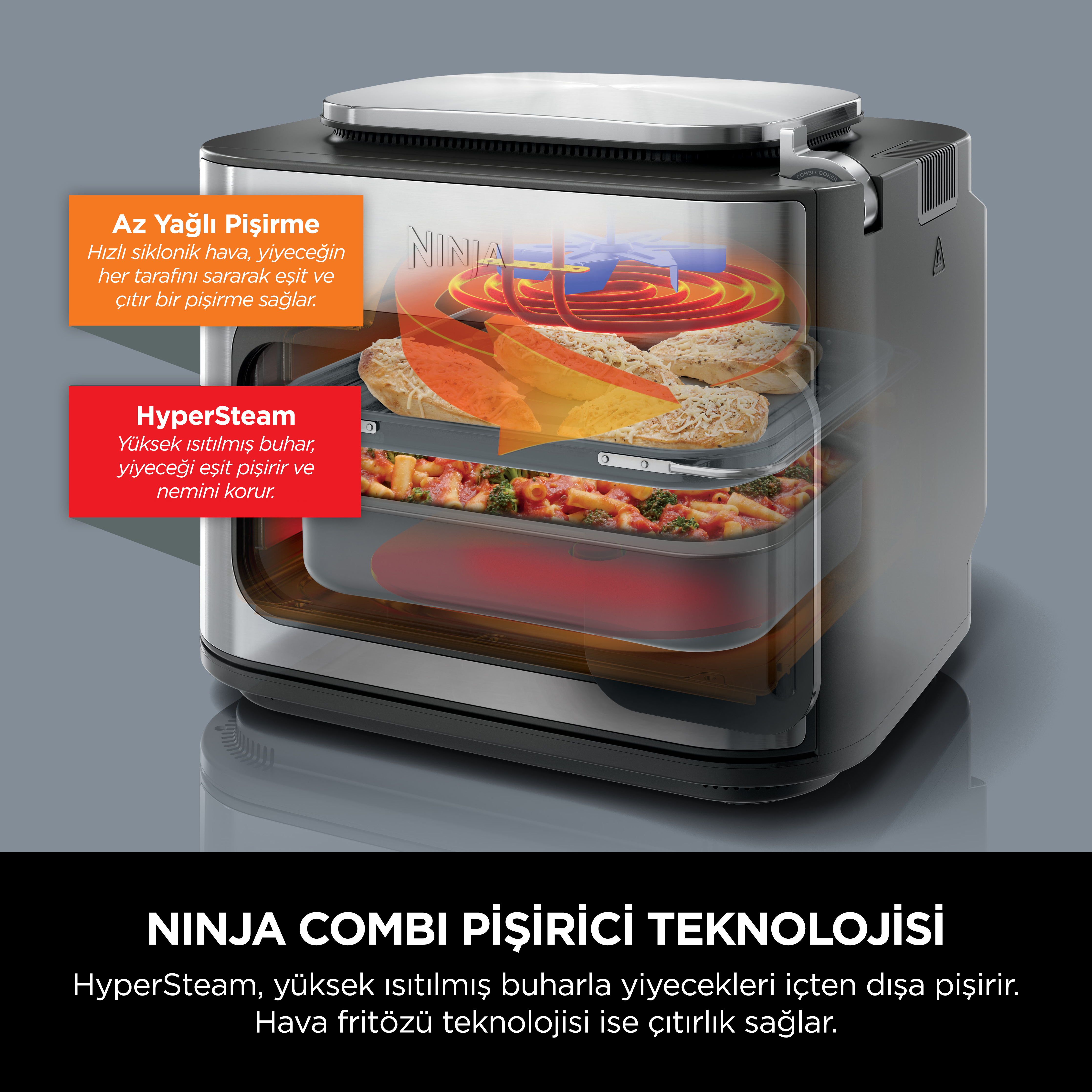 Ninja Combi Pişirici iki katlı: üstte ekmek, altta makarna. Sıcak hava ve buhar.