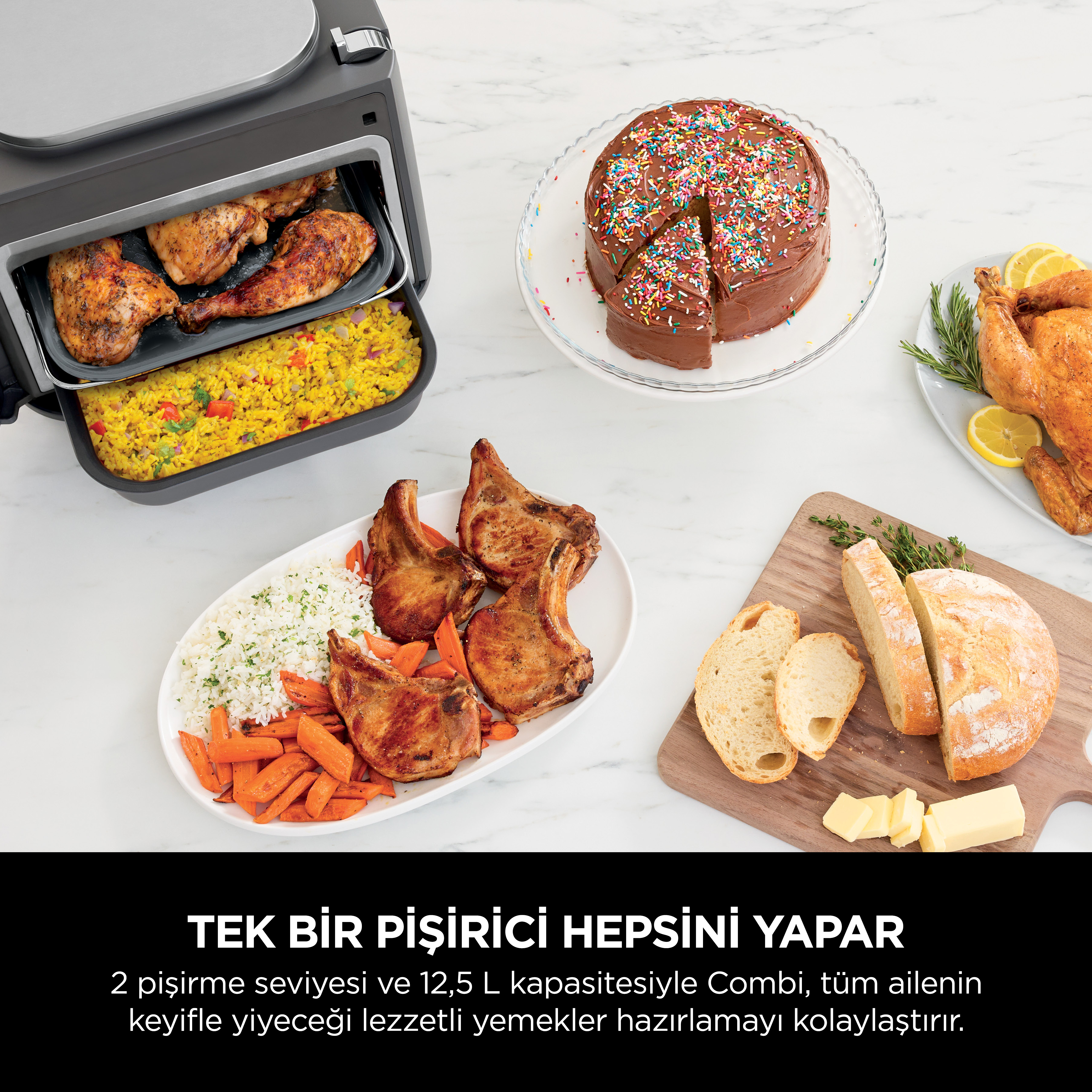 Tek fırın her şeyi yapar: Kızarmış tavuk, pilav, pirzola, pasta ve ekmek.