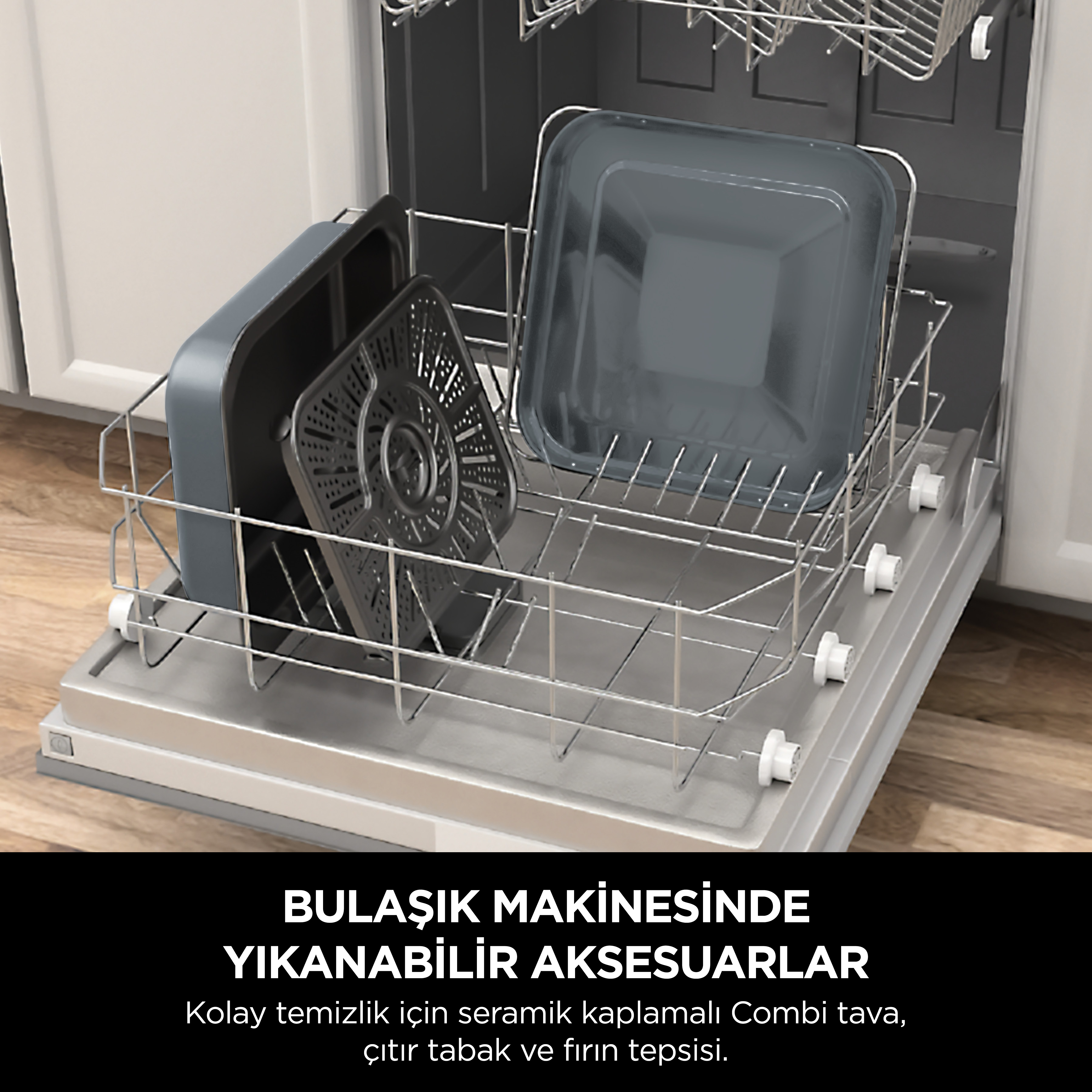 Bulaşık makinesinde gri pişirme kapları: bir raf ve iki tava.