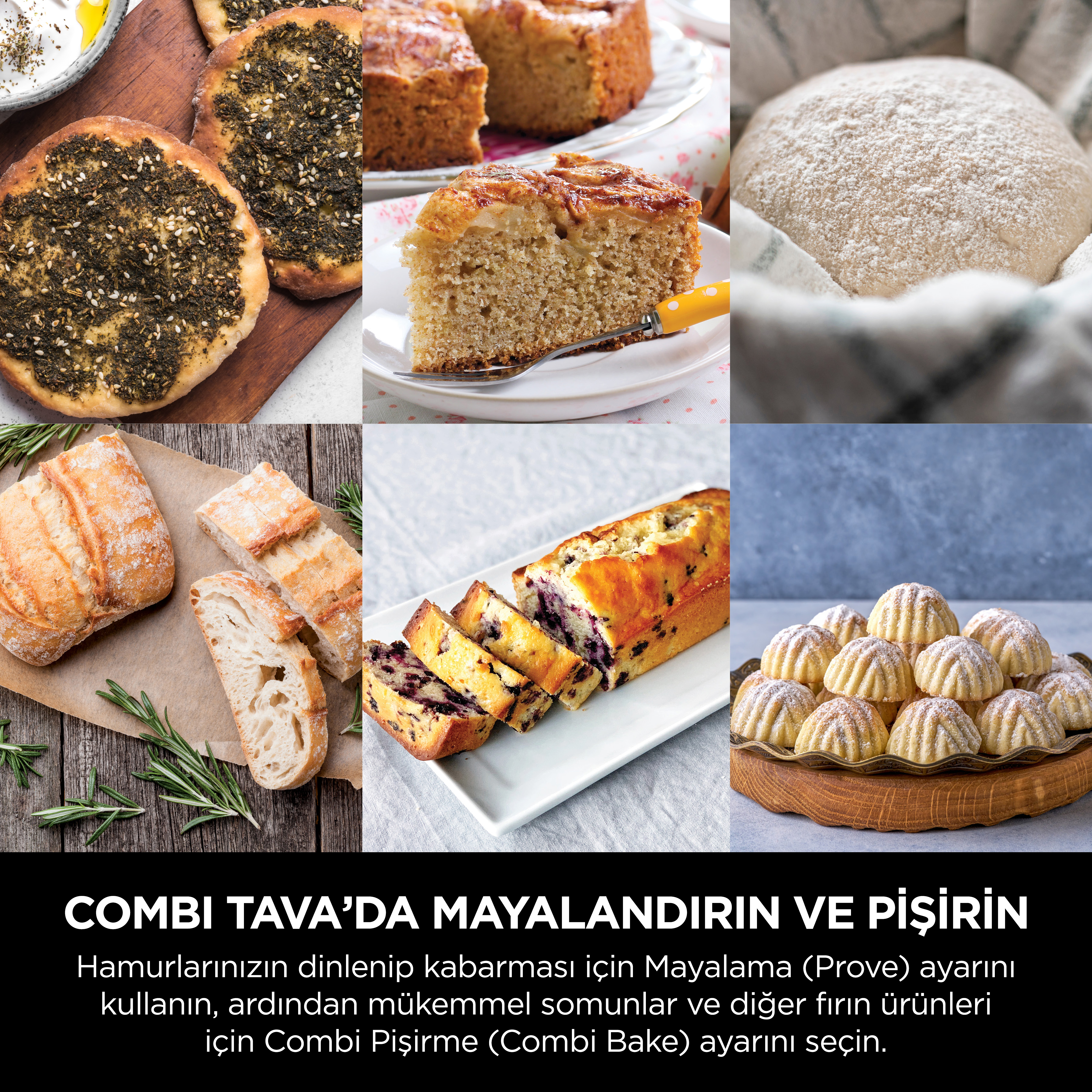 Altı adet unlu mamul görseli: pide, elmalı kek, ekmek hamuru, baget, yaban mersinli kek, kurabiye.