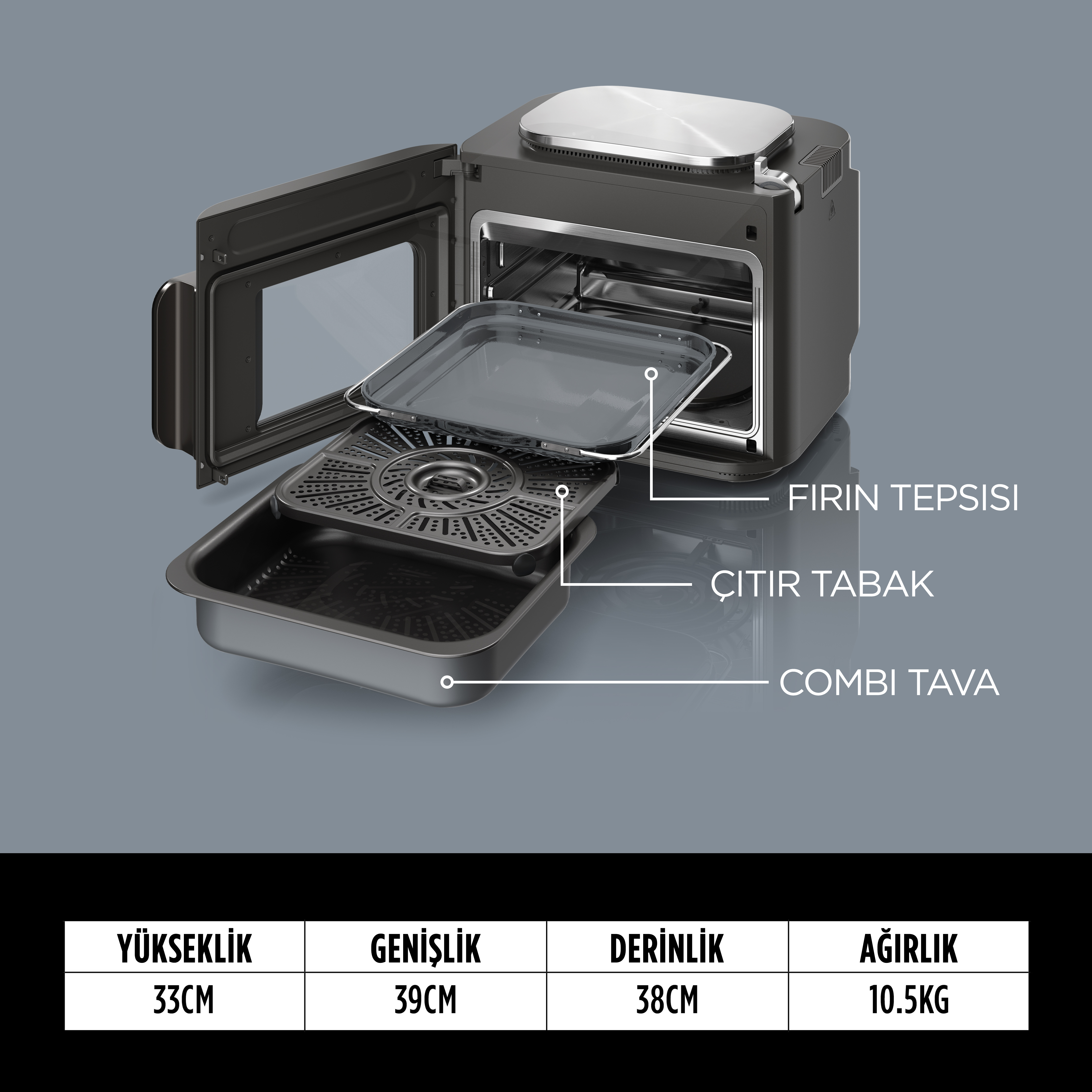 Açık kapılı siyah fırın, tepsi, çıtır tabak ve combi tava gösteriliyor.