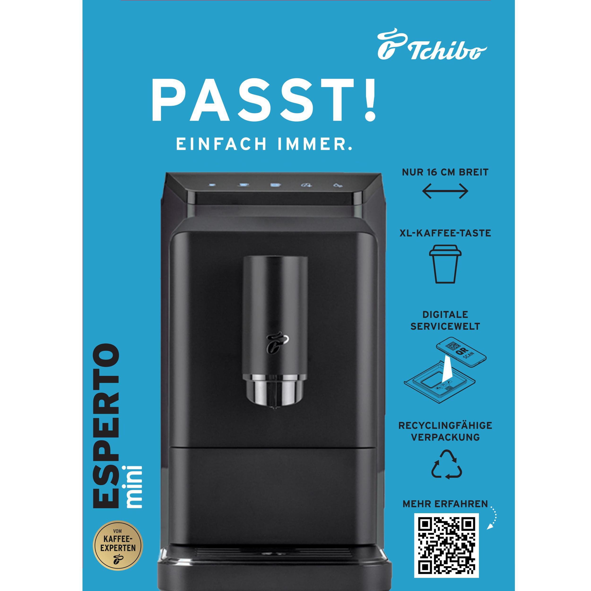 Tchibo Esperto Mini Kaffeemaschine mit Text und Icons.
