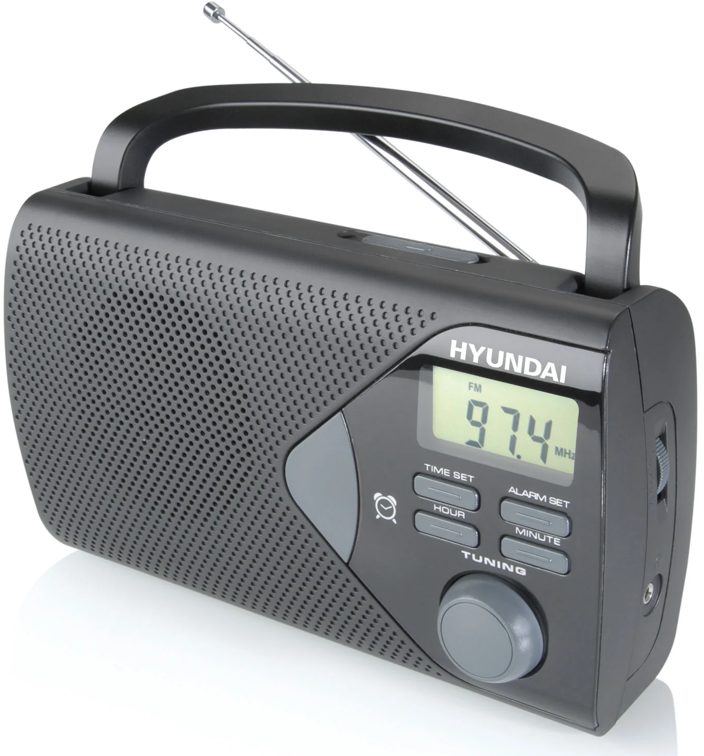 Fekete Hyundai FM rádió kihúzható antennával és digitális kijelzővel.