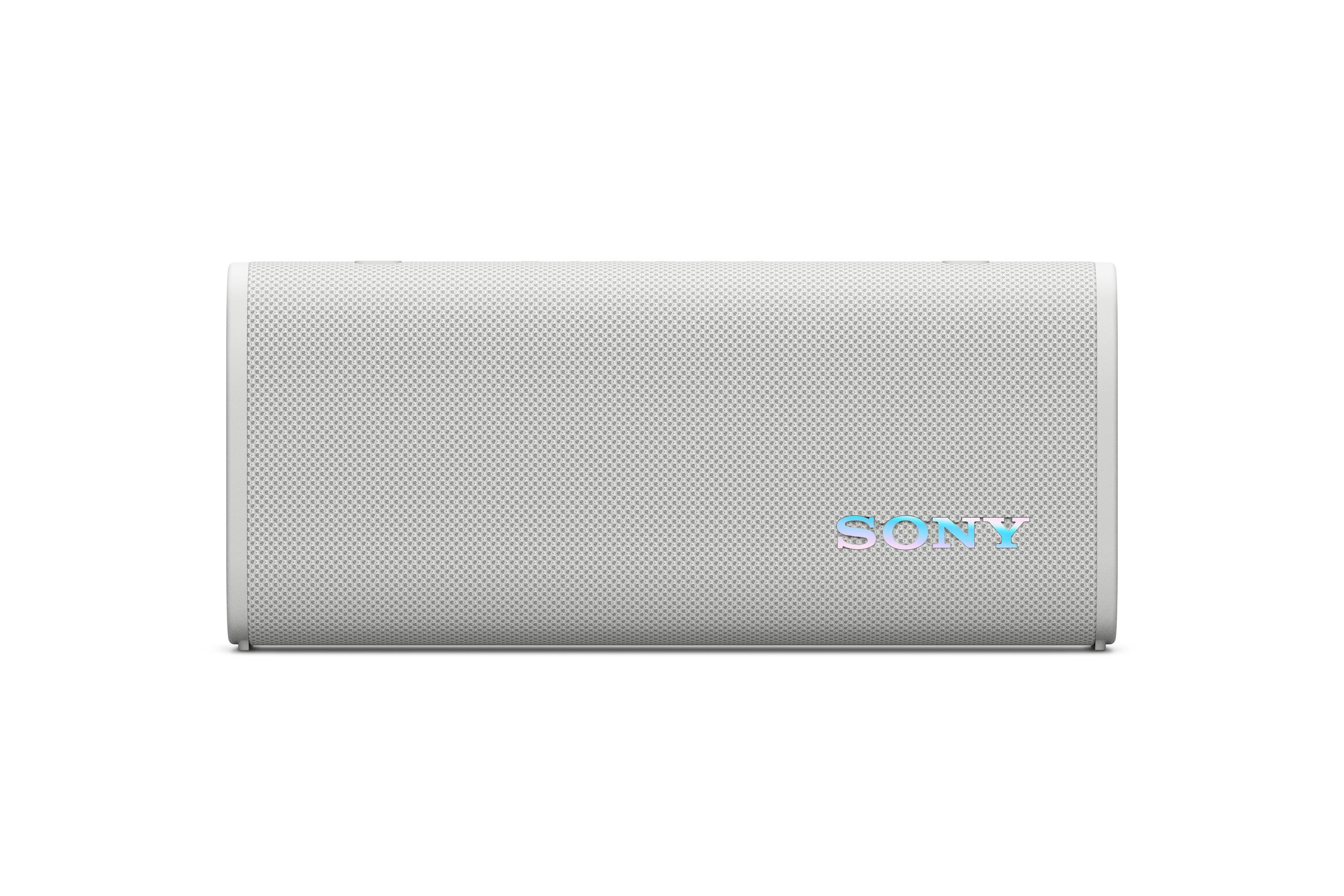 Un altavoz Sony blanco con una textura de malla en su superficie.