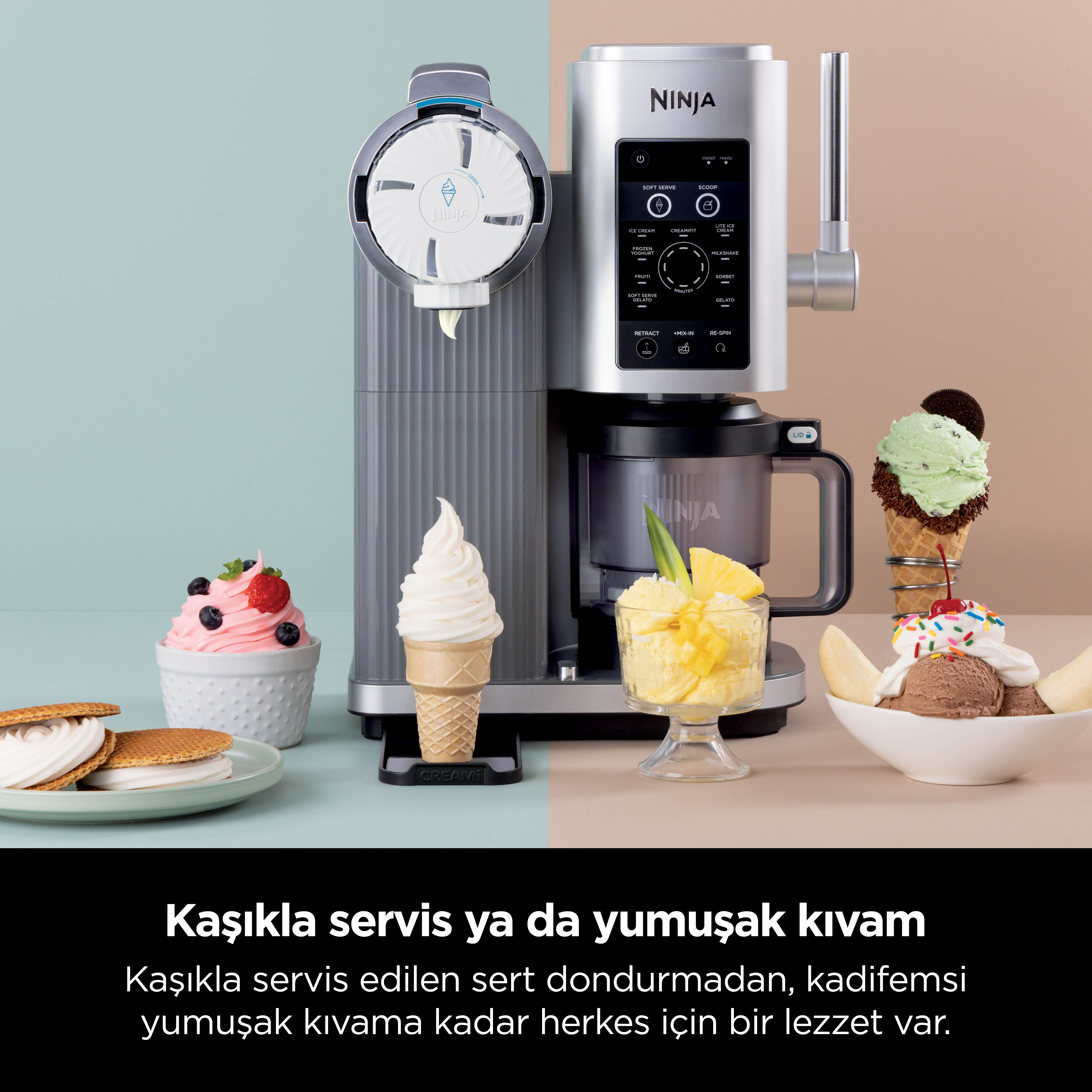Ninja dondurma makinesi, dondurma, waffle ve muzlu split.